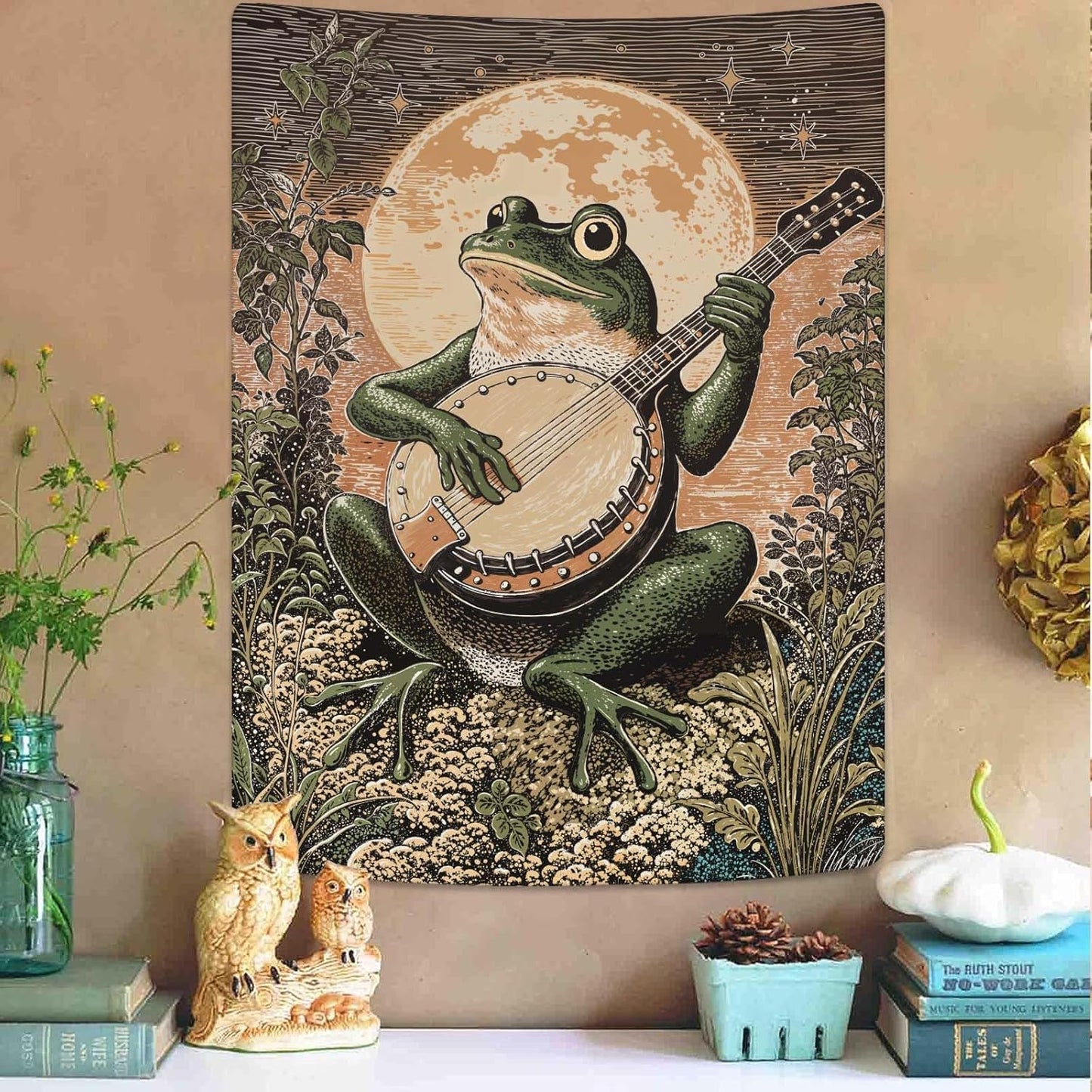 Lunerfex Moonlit Banjo Frog Wall Tapestry, Whimsical Amphibian Musician Tapestries for Room Decor, Folk Art Tapestry 36L x 48W