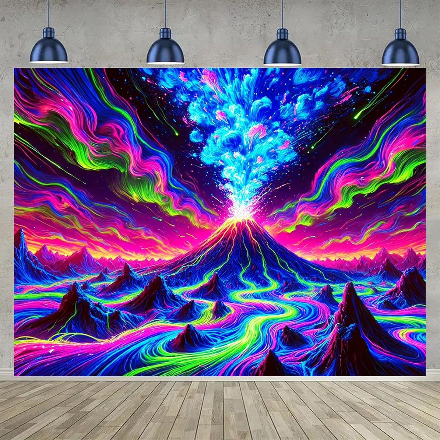 BlissYard Erupting Volcano Stream UV Black Light Tapestry 78x59 Inches Art Color Neon Light Background Bedroom Living Room Wall Party Decoration Psychedelic Lava Mountain Sky Flow Fantasy Scene