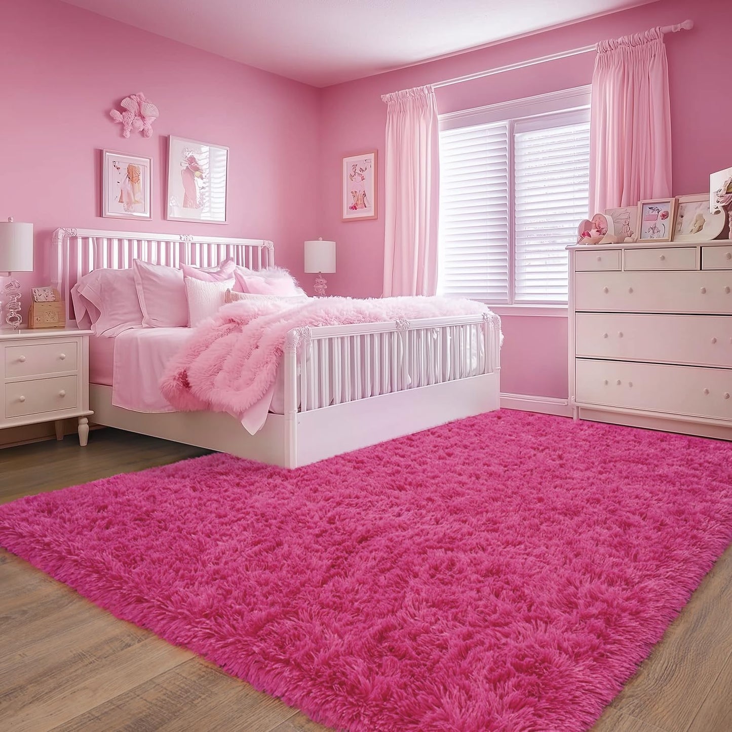Rezutan Soft Fluffy Rug for Living Room Bedroom, Large Comfy Modern Shaggy Fuzzy Kids, Plush Indoor Nursery Classroom Home Decor Bedside Rug with Non-Slip Bottom, Hot Pink, 6 X 9 Feet