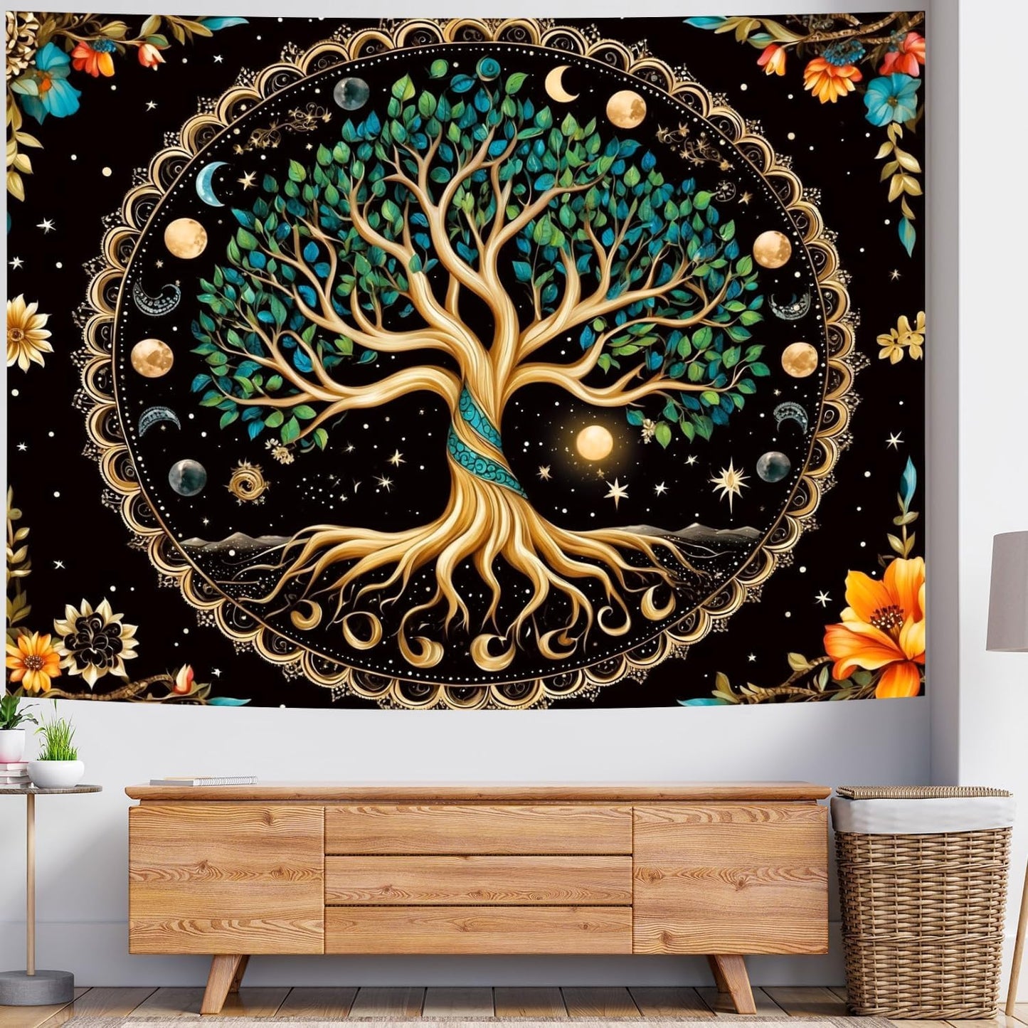 Delur Tree of Life Tapestry Moon Phase Nature Flower Plant Tapestry Wall Hanging Boho Mandala Spiritual Sun Aesthetic Psychedelic Headboard for Bedroom Living Room Home Decor (59.1" x 78.7")