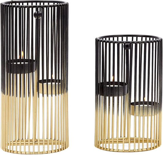 Juvale Set of 2 Black and Gold Geometric Candle Holders for Modern Table Decor (2 Sizes) - Black and Gold Candle Holder Set for Table Centerpieces