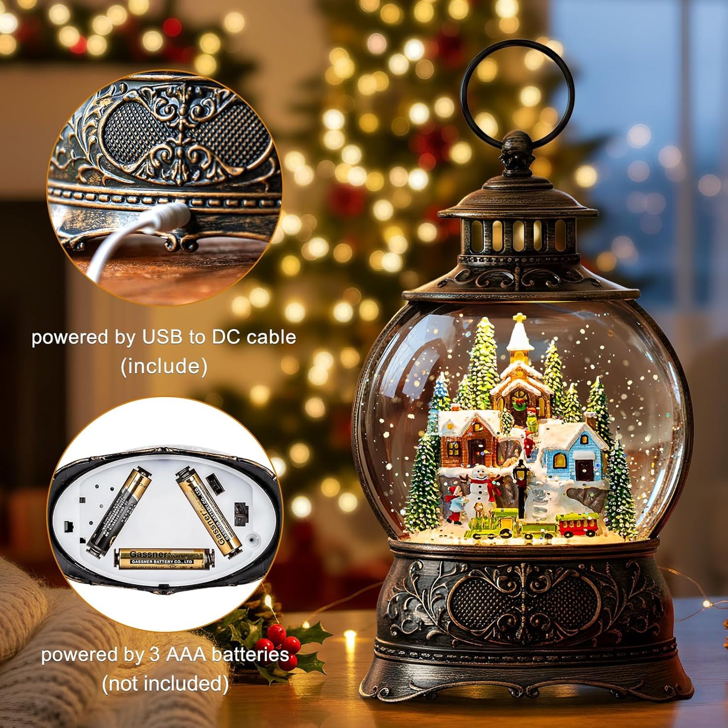 Christmas Snow Globes Christmas Water Lantern with Snowy Train Snowman, Music & 6H Timer, USB Lined/Battery Operated Lighted Lanterns for Xmas Festival Decoration Gifts