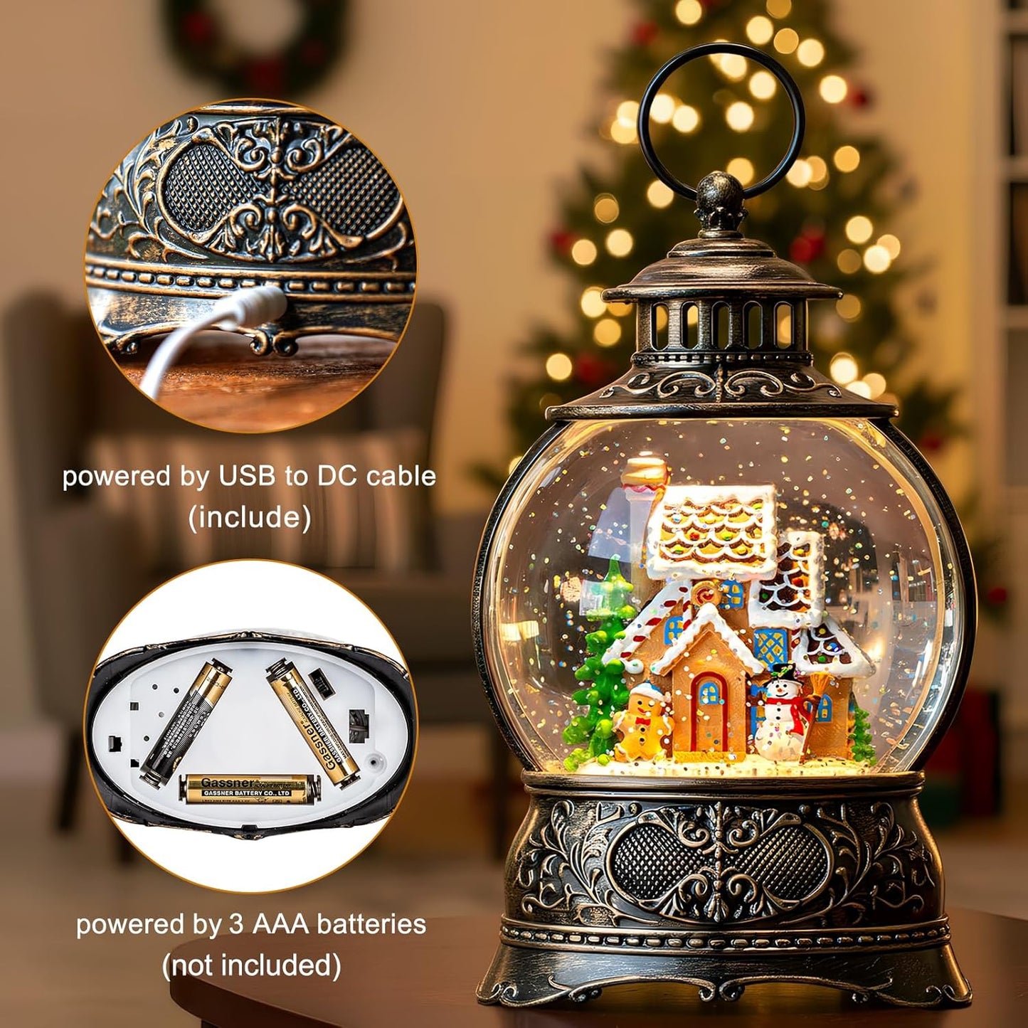 Christmas Snow Globes Christmas Water Lantern with Gingerbread Man & Snowman, Music & 6H Timer, USB Lined/Battery Operated Lighted Lanterns for Xmas Festival Decoration Gifts