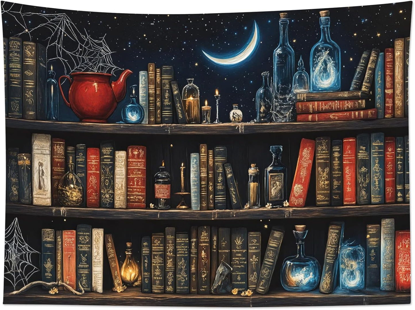 LB Fantasy Bookshelf Tapestry, Horror Spider and Vintage Book with Moon Wall Tapestry for Bedroom Aesthetic, Trippy Galaxy Wall Art for Living Room Dorm Home Decor Ready to Hanging, 80 x 60 Inches