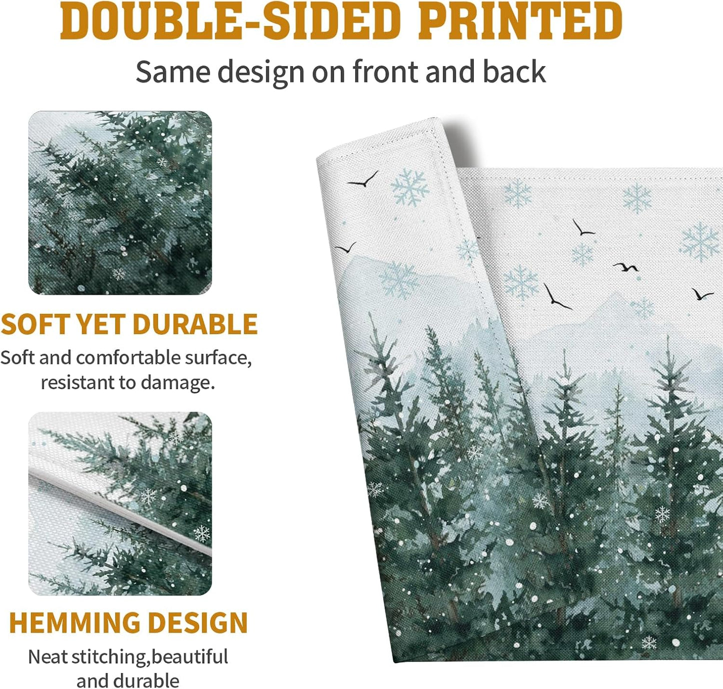 Winter Pine Tree Snowflake Placemats Set of 4 Christmas Snow Green Forest Place Mat 12x18 Inch Seasonal Xmas Holiday Rustic Nature Washable Fabric Table Mats for Farmhouse Kitchen Dining Decoration