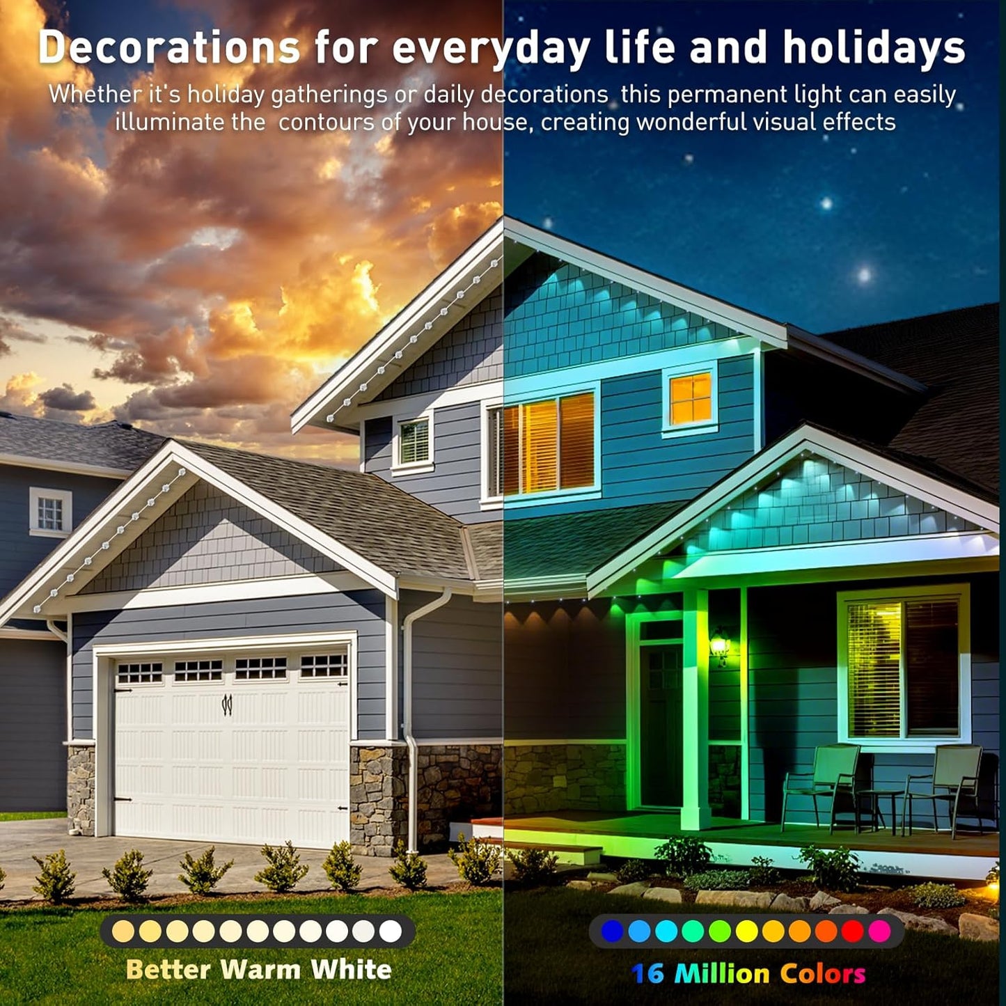 100ft Permanent Outdoor Lights,for House Roof, Christmas, Holiday, Party, Daily Lighting, IP67 Waterproof,RGB Eaves Lights with Multi Scene Modes for Halloween