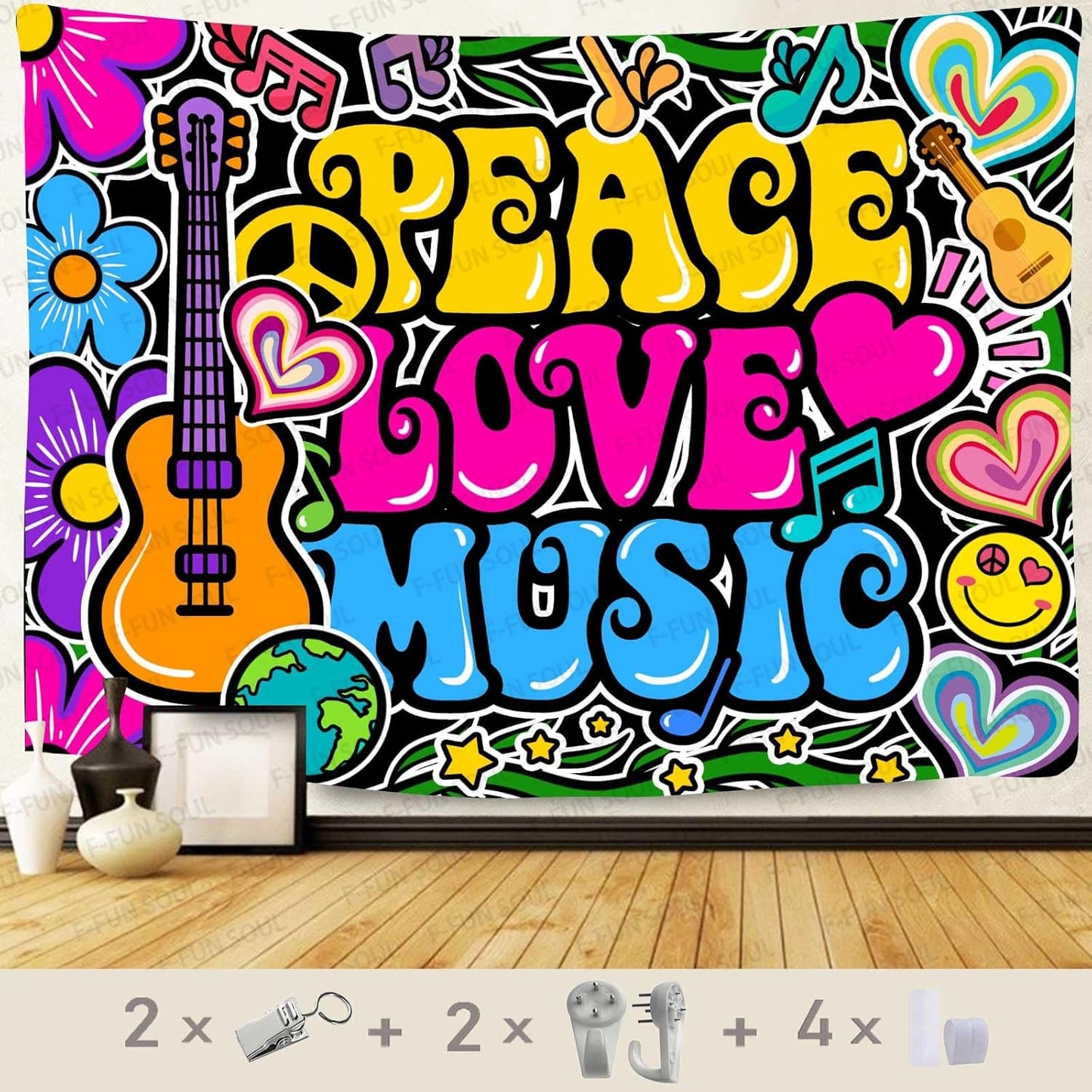 F-FUN SOUL Peace Love and Music Tapestry, 40x30inches Soft Flannel, Guitar Symbol Dove Flowers Psychedelic Art Tapestries Wall Hanging for Bedroom Living Room Decor Banner