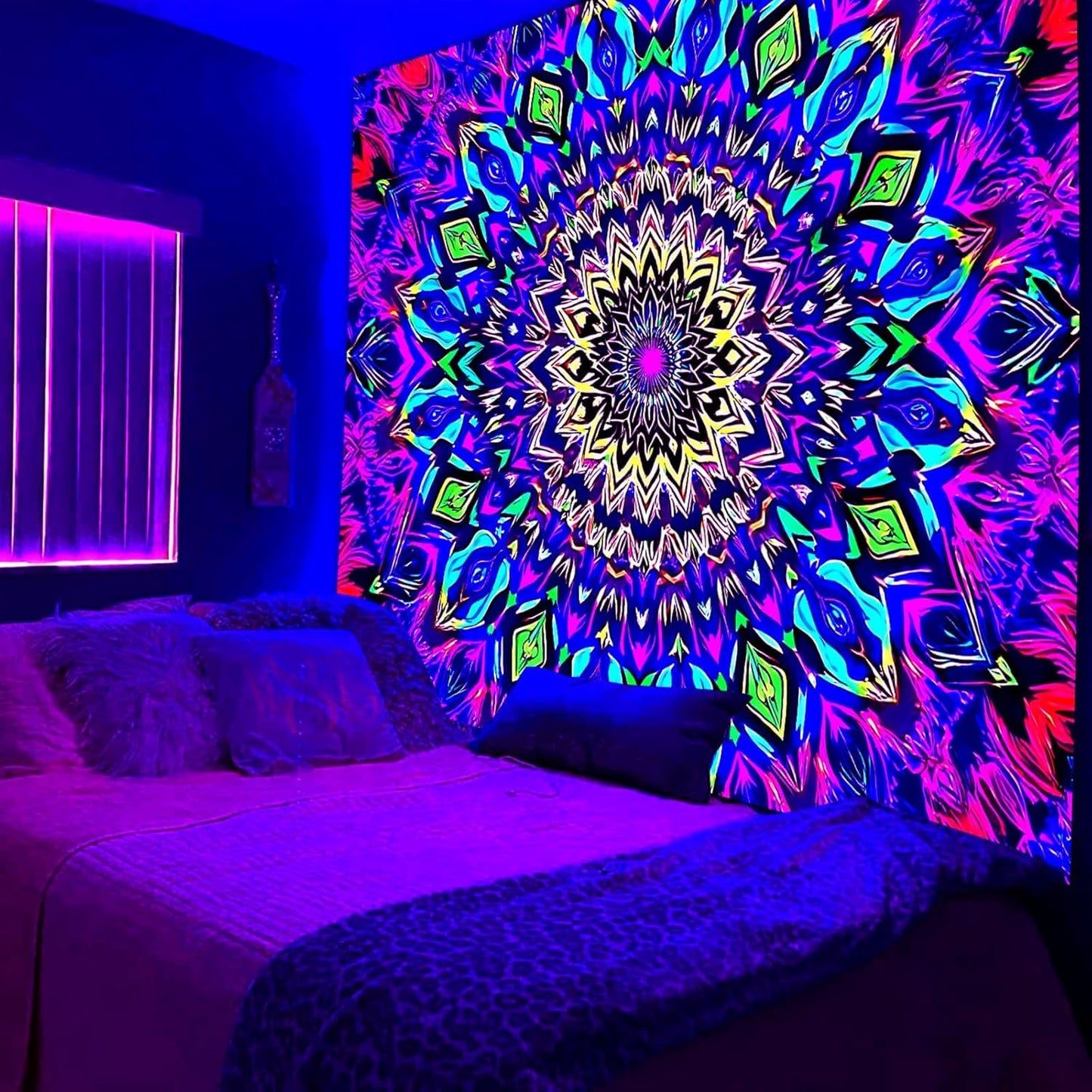 Blacklight Mandala Tapestry for Bedroom, Black Light Posters for Adults and Teens, Colorful UV Reactive Aesthetic Bohemian Wall Art Decor (40 x 30 Inches)