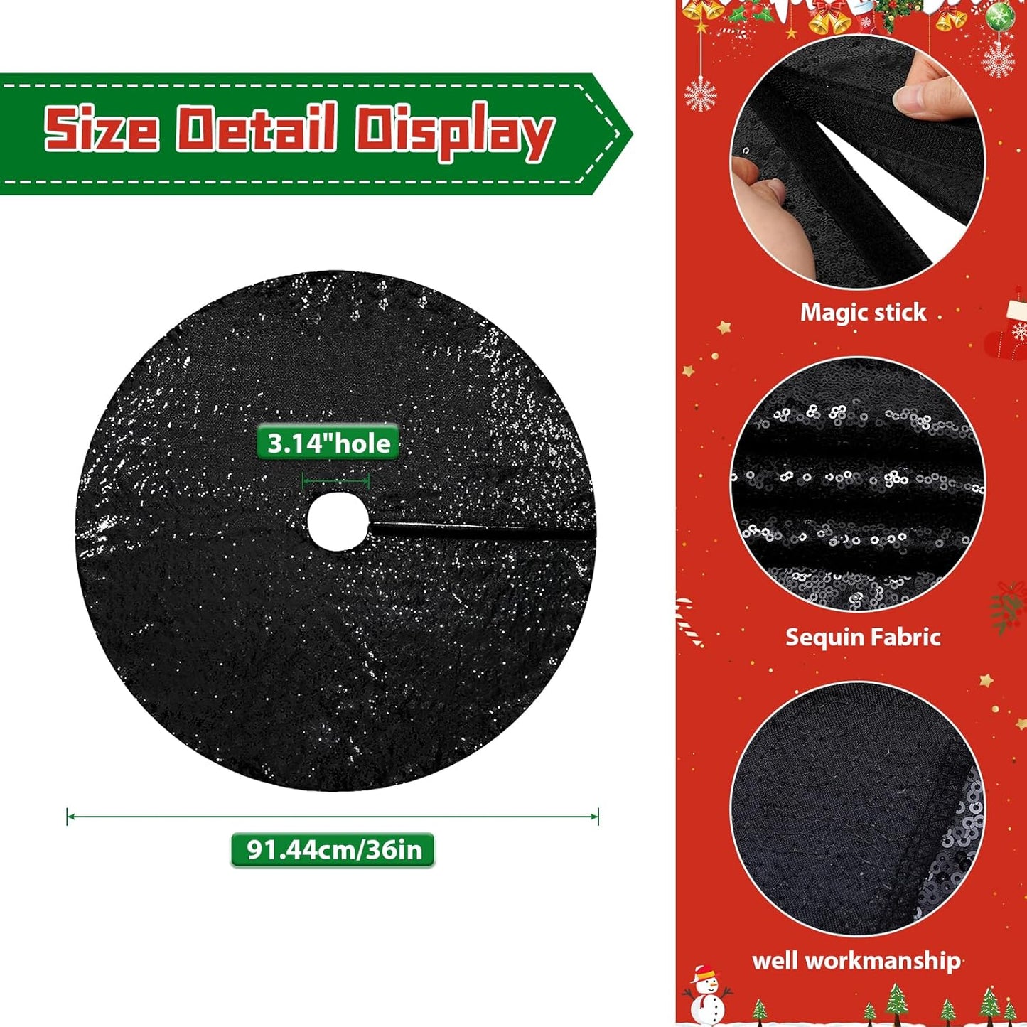 Eternal Beauty Christmas Tree Skirt, 36 Inch Black Halloween Sequin Tree Skirt Small Xmas Tree Skirt for Christmas Tree Decorations