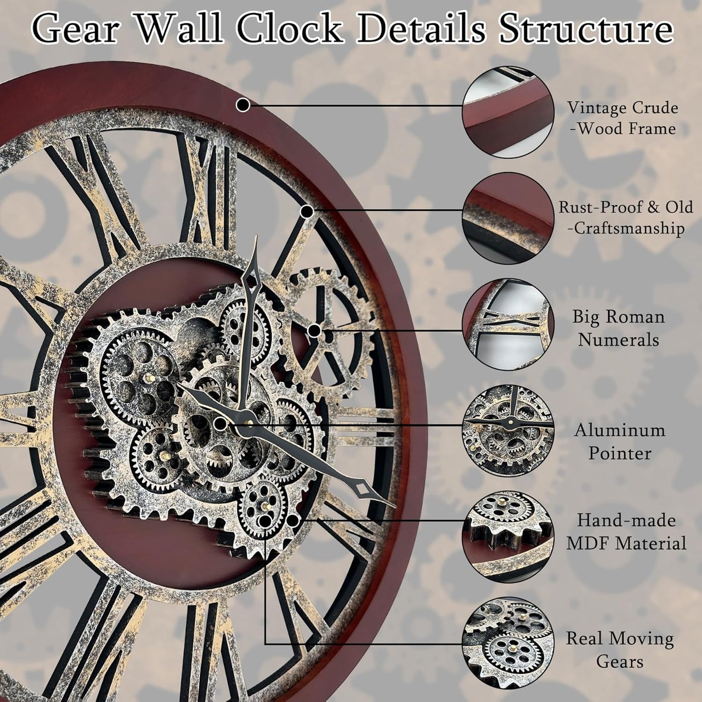 HOIBAI Farmhouse Vintage Industrial Oversized Wall Clock - 24 in (60cm) Moving Gear Wall Clock for Living Room Decor