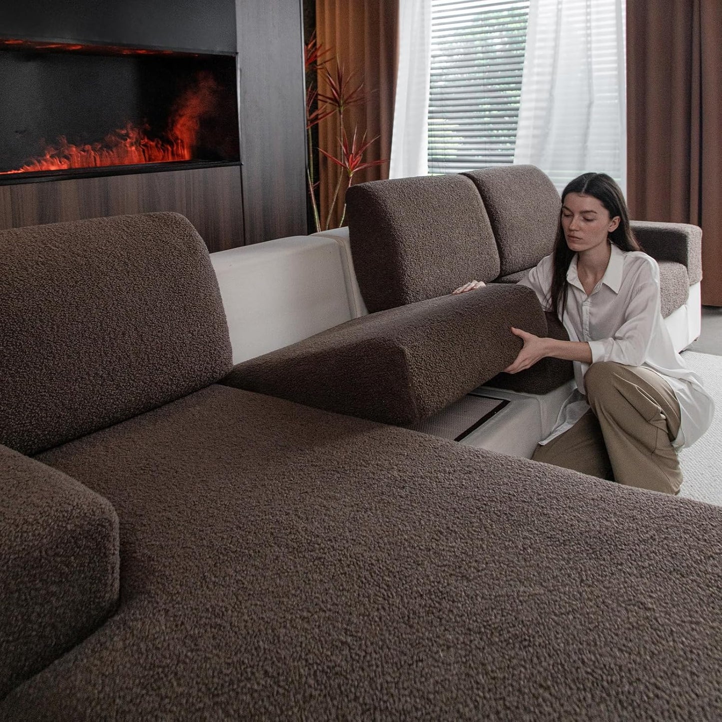 Couch Cushion Covers for Sectional Sofa, Stretch Soft Sofa Slipcovers Washable Wear-Resistant Universal Furniture Protector for Living Room(1 Piece Back Couch Cover, Brown)