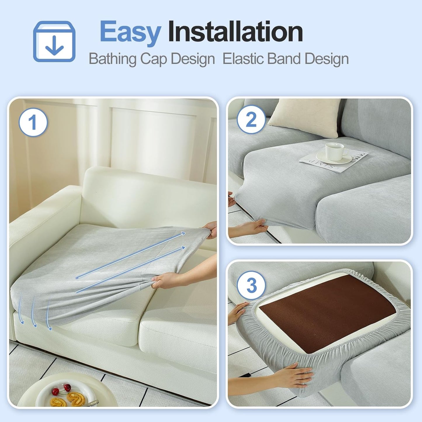 Large Backrest Cushion Covers Super Stretch Backrest Covers for 2 Cushion Couch Sofa, Couch Back Cushion Covers Featuring with Chenille Yarn (Softer Version, 2PC, Light Grey)