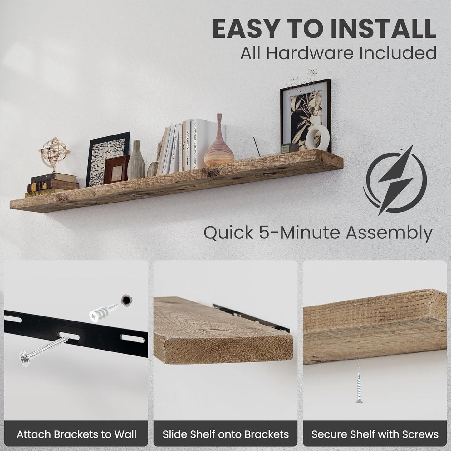 72 inch Floating Shelves for Wall, 8" Deep Rustic Reclaimed Barnwood Shelves, Floating Shelf Wall Hanging Shelves with Invisible Heavy-Duty Metal Bracket | Wall Mounted | Farmhouse Style, 1PC,Natural