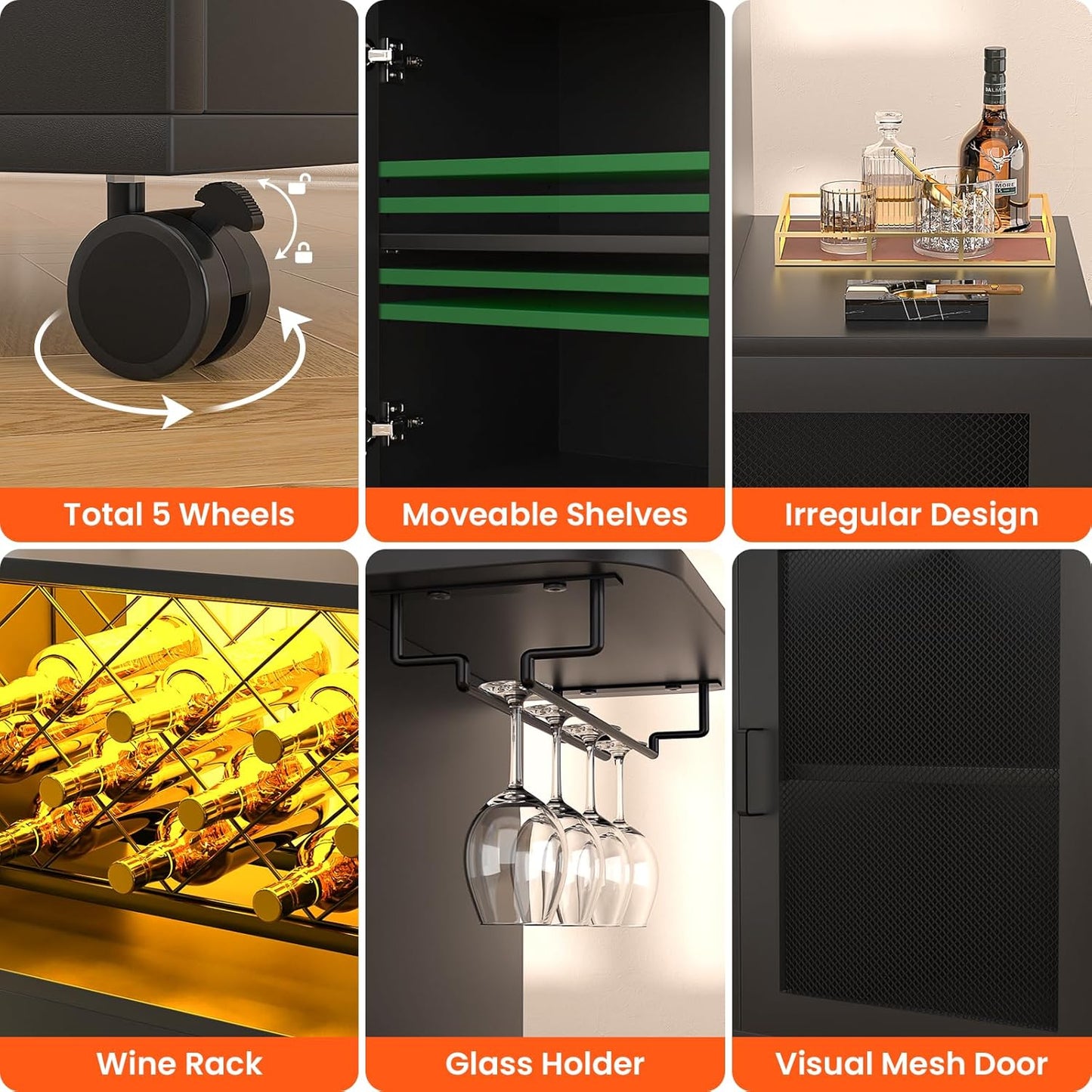 Wine Bar Cabinet with Wheels, Small Liquor Cabinet with LED Light, Home Bar Cart with Power Outlets, Coffee Bar with Wine Rack, Glasses Storage for Kitchen, Dining Room, Living Room, Black