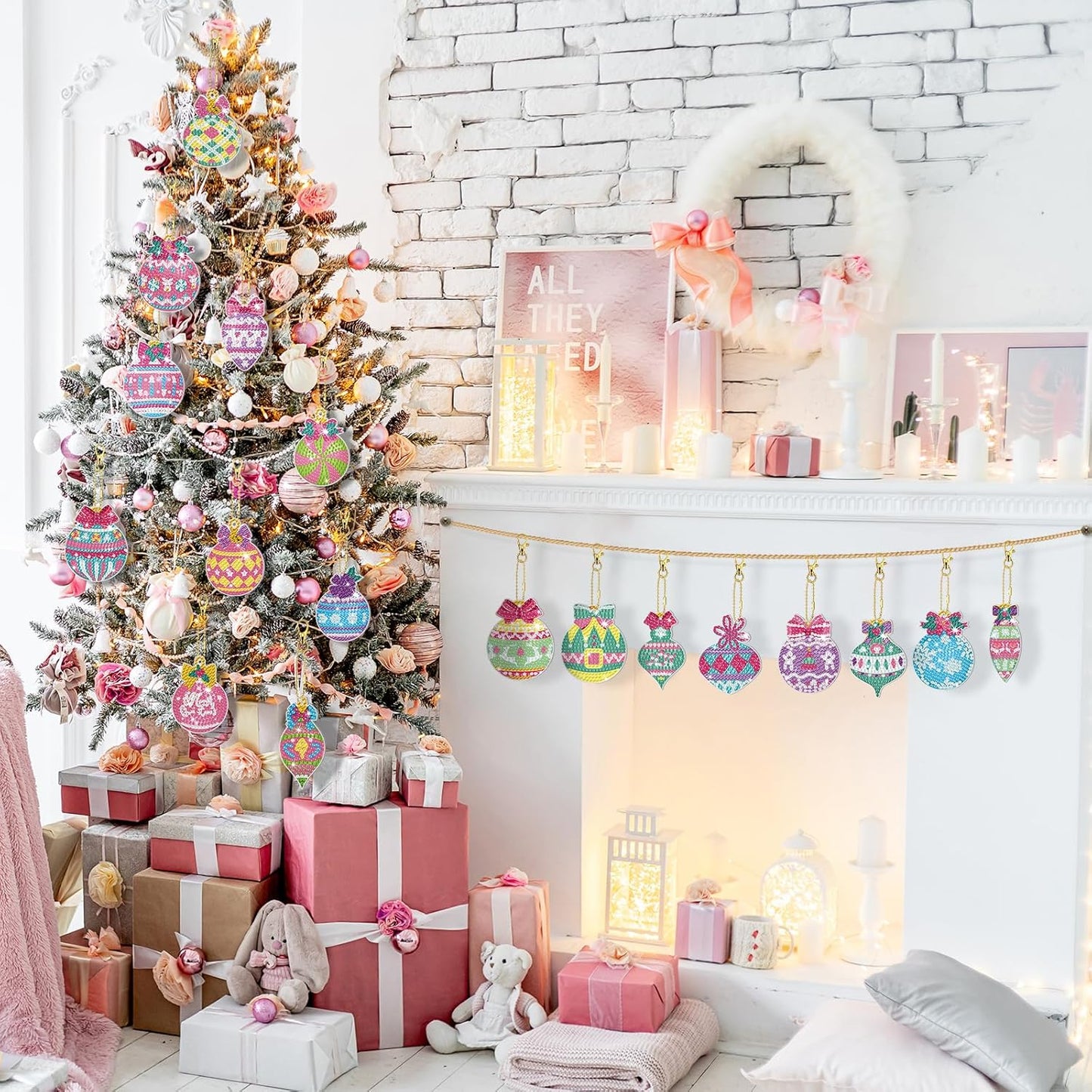 Tondiamo 20 Pcs Christmas Diamond Painting Keychain Kits 5D DIY Diamond Art Pendants Double Sided Hanging Key Chains for Christmas Party Decoration DIY(Macaron)