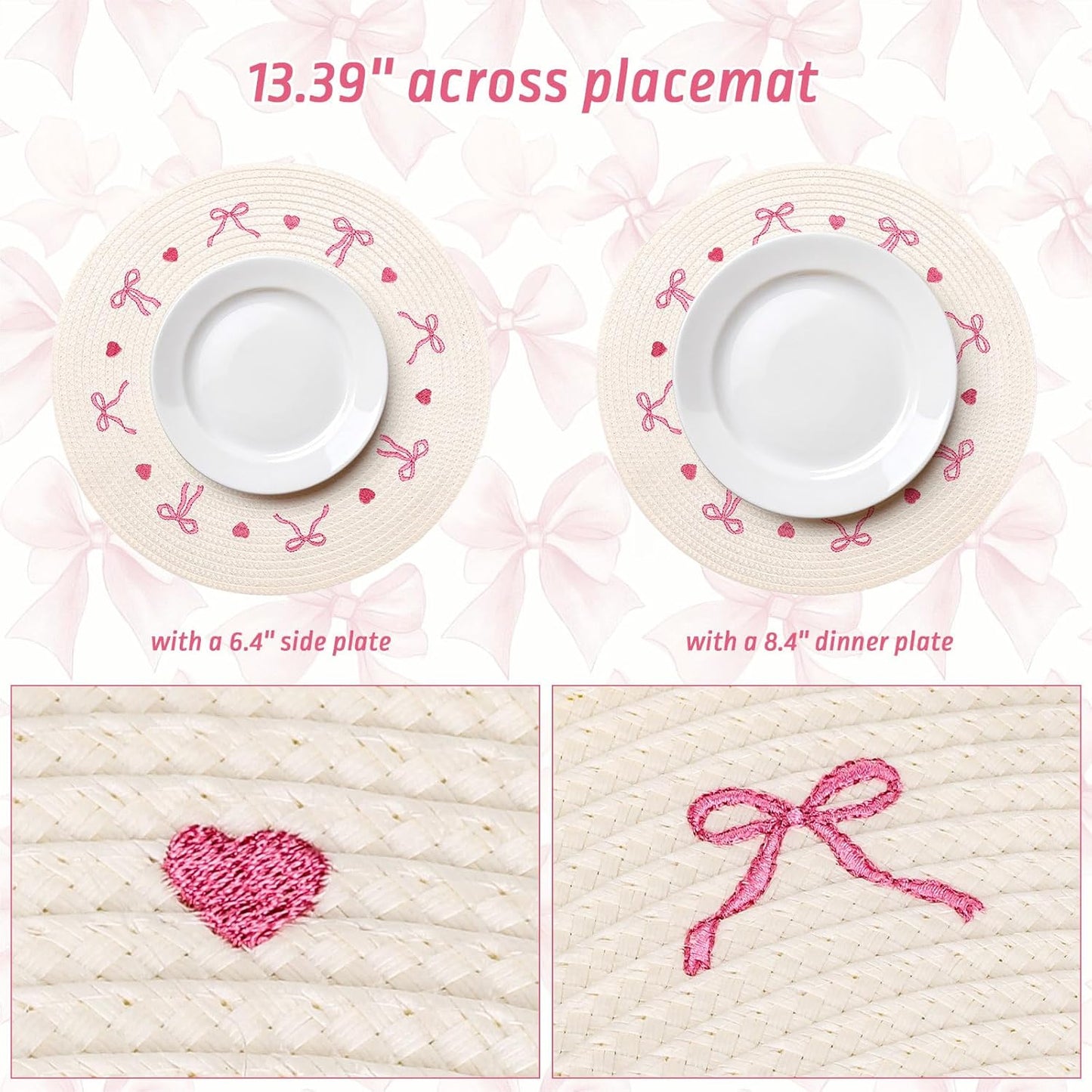 Whaline 4Pcs Round Placemats White Pink Bow Embroidered Place Mats Coquette Bowknot Heart Dinner Table Mats for Home Wedding Baby Shower Birthday Party Decor