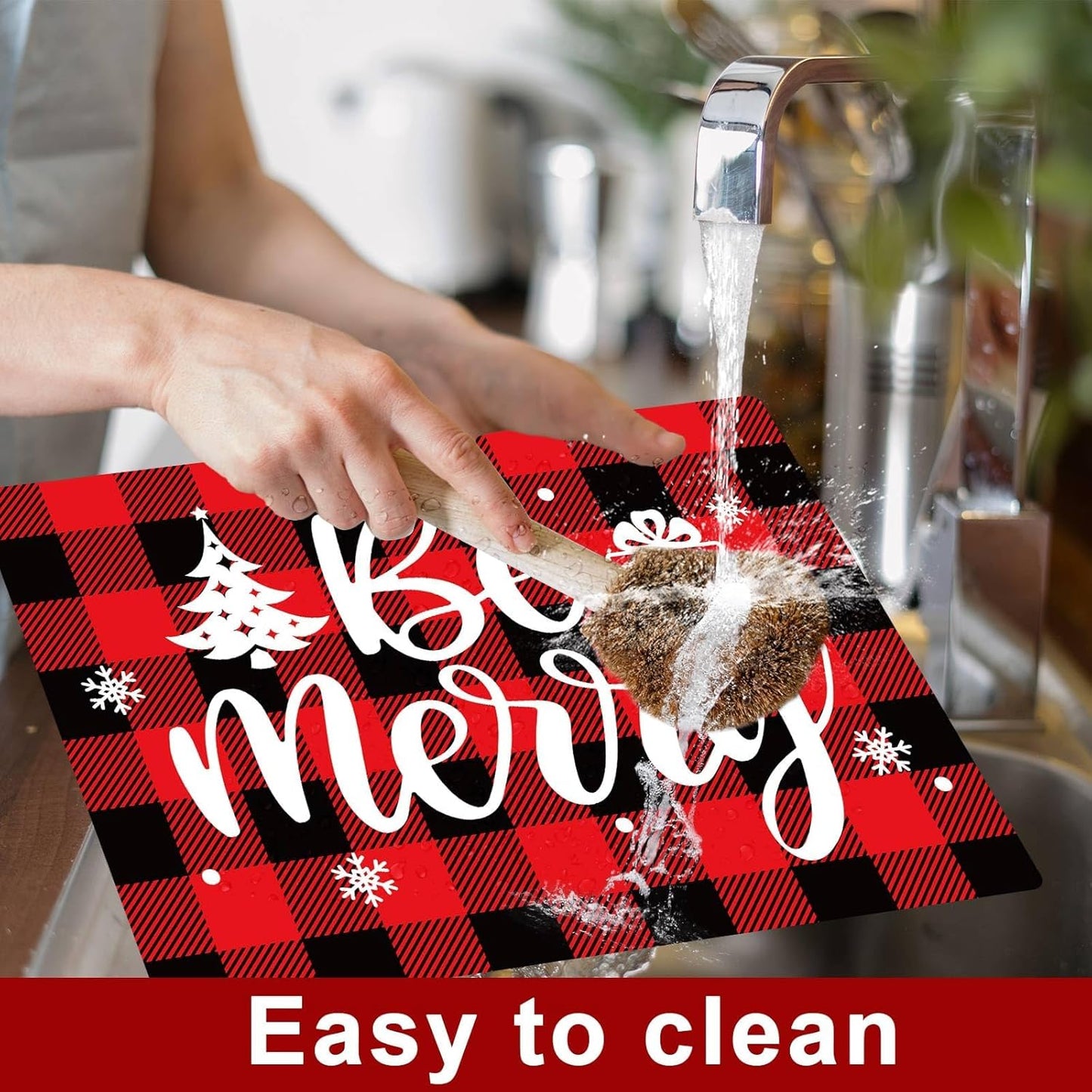 Christmas Placemats Set of 6 Red and Black Plaid Table Mats Plastic Xmas Recyclable Place Mats Washable Holiday Table Decoration for Indoor Outdoor Christmas Party Kitchen Dining