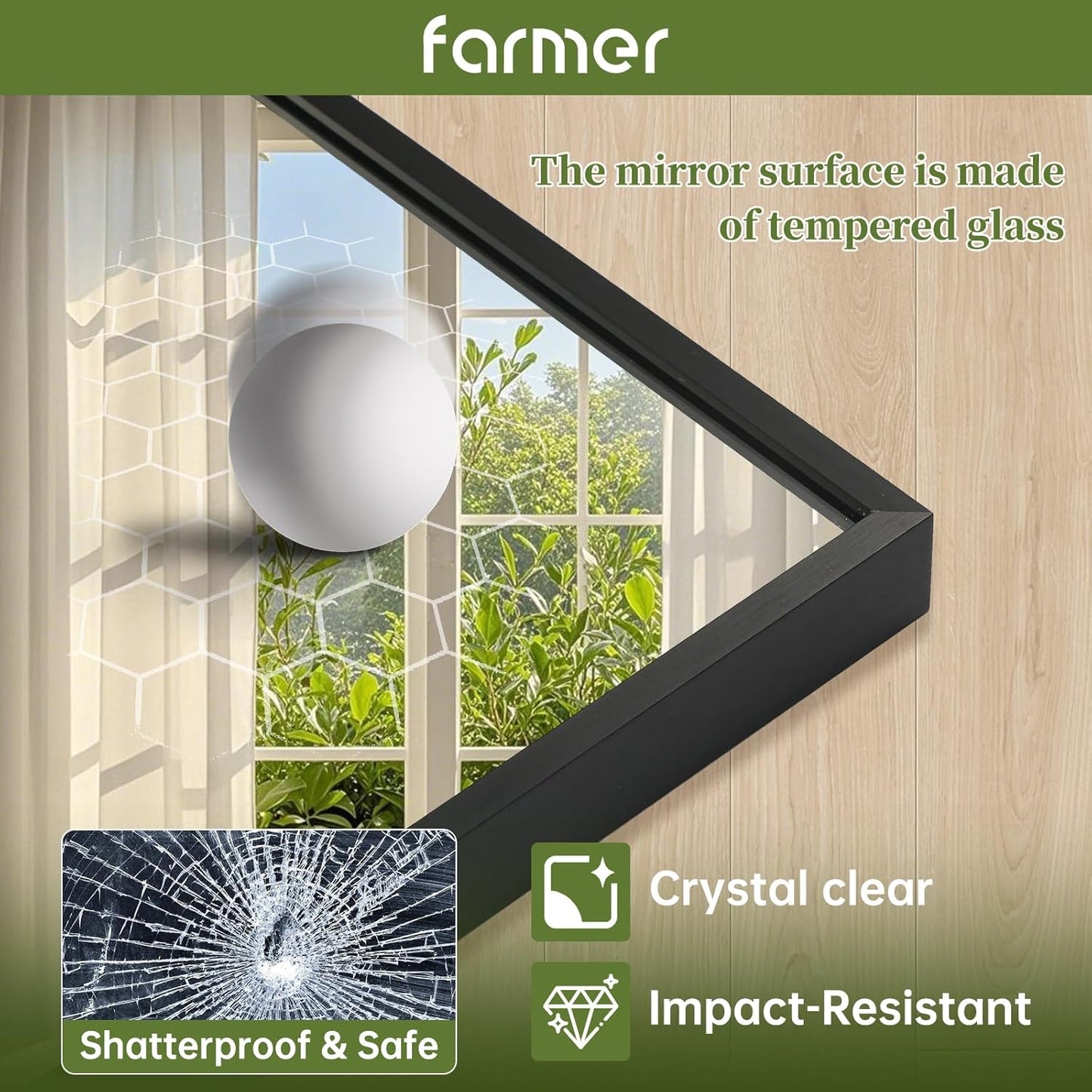 FARMER 20x30 Inch Black Bathroom Mirror, Rectangle Wall Mounted Mirror, Vanity Mirror, Brushed Square Mirror, Framed Bathroom Mirror for Bedrooms, Entryways, Living Rooms, Horizontal/Vertical