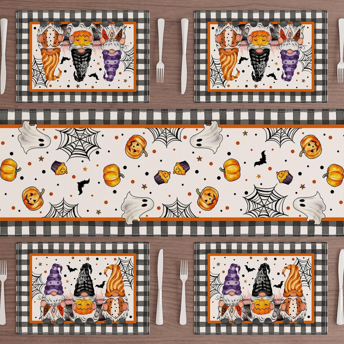 XCHI Spooky Boo Plaid Gnome Halloween Placemats Set of 6 Table Mats for Party Home Kitchen Dining Table Decorations 12x18 Inch