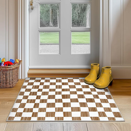 jinchan 2x3 Kids Area Rug Washable Indoor Entryway Doormat Modern Checkered Geometric Lattice Small Rug Non Slip Soft Carpet for Nursery Room Bedroom Bathroom Home Brown