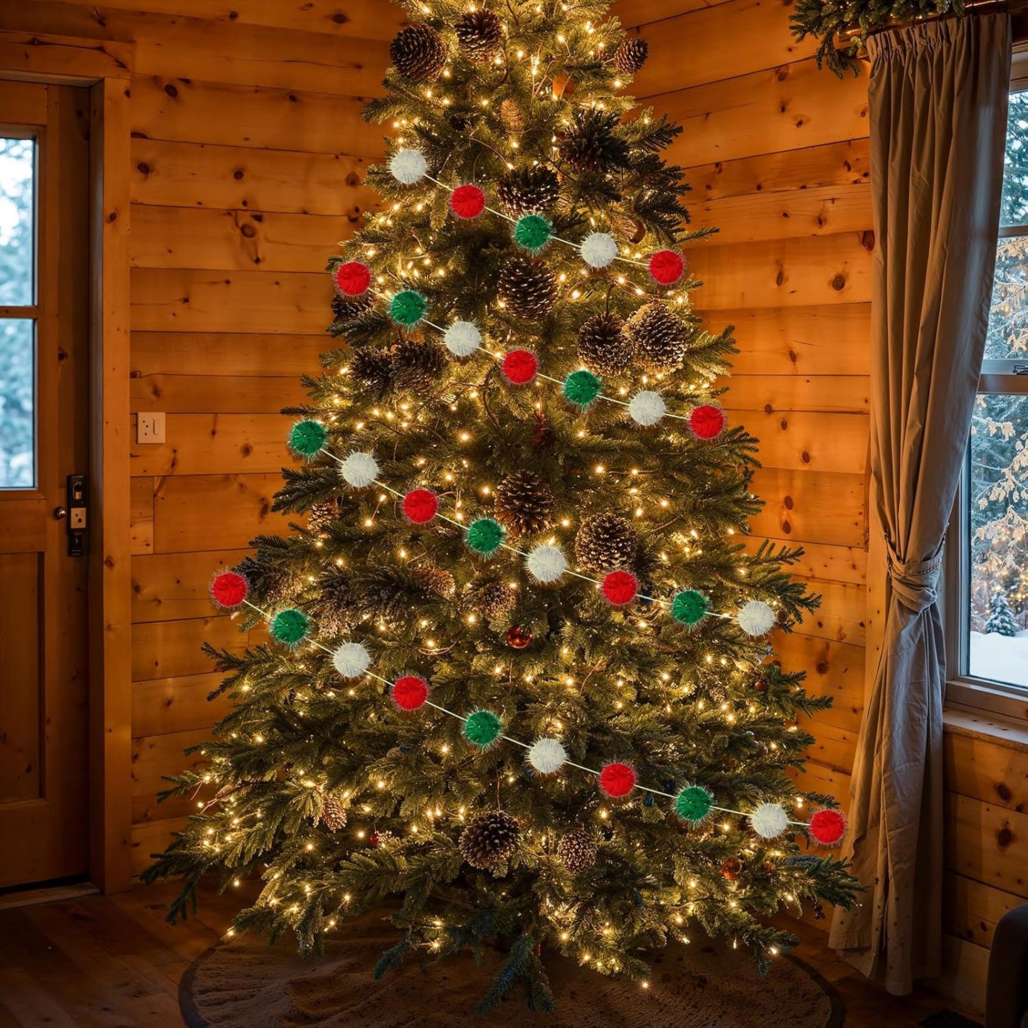 4Pack 120Balls Christmas Glitter Pom Pom Garland Ornaments, 26.5 Feet Felt Ball Glittery Banner, Red White Green Christmas Tree Garland for Xmas Birthday Party Wall Home Decor