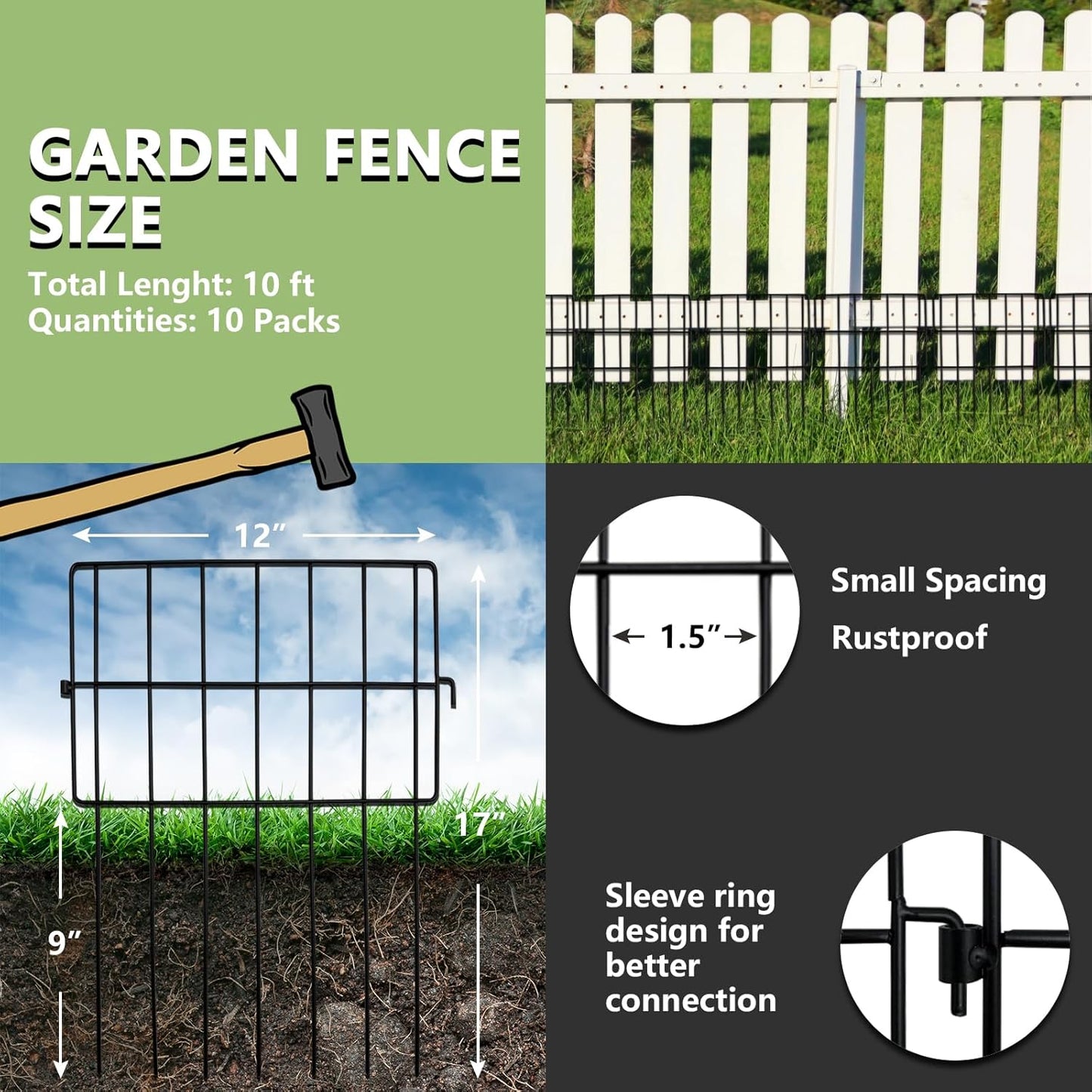 17in(H) x 10ft(L) Garden Fence Animal Barrier No Dig, 10 Panels Rustproof Small Metal Fencing, 1.5in Gap Fence Border, Outdoor Decorative Fence for Yard Dogs Rabbits