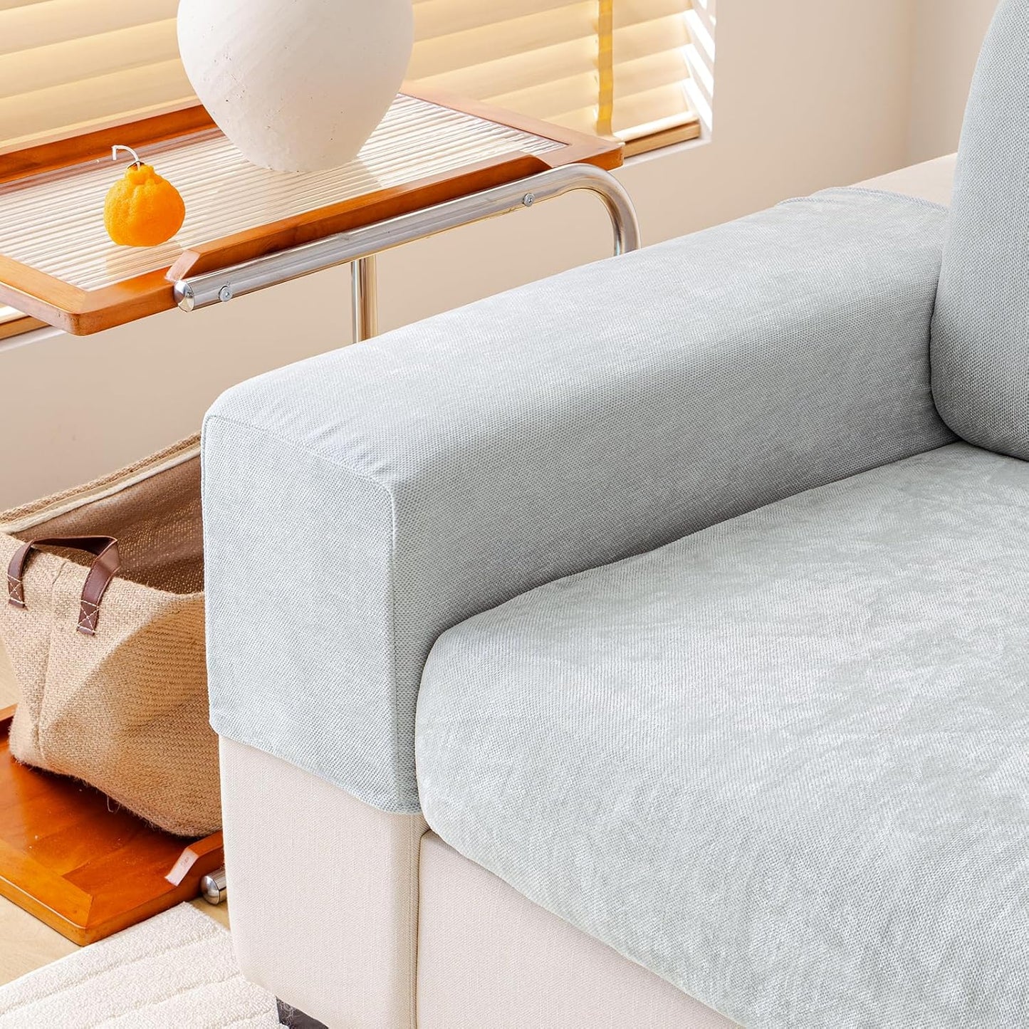 Chenille Sofa Armrest Covers, Soft Stretch Non-Slip Couch Arm Covers for Sofa, Chair or L Shaped Sectional, Furniture Protector (2 Pieces, Light Grey)