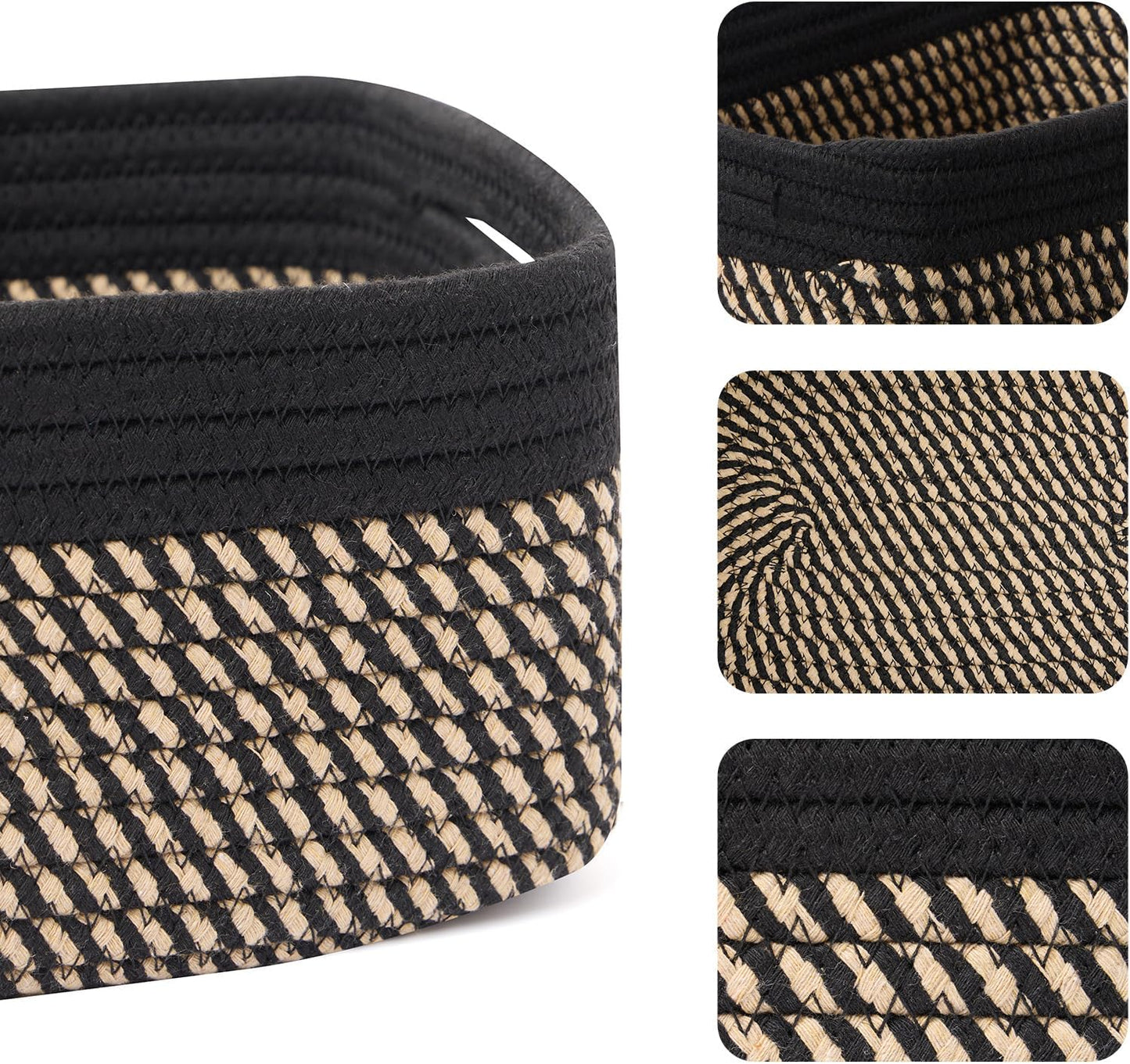 Small Storage Baskets for Organizing | Closet Organizer Bins | Shelf Toy Basket | Woven Rope Baskets | Cube Decorative Box | Shallow Basket | 13x8.5x5.1” | 4 Packs Black Brown