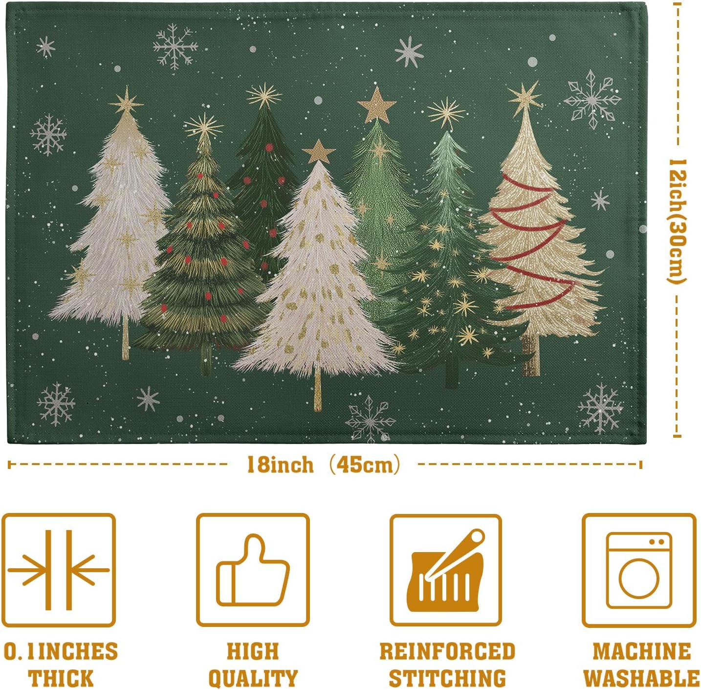 Green Christmas Tree Placemats Set of 4, 12x18 Inch Xmas Trees Snowflakes Winter Holiday Place Mats Seasonal Washable Linen Table Mats for Indoor Outdoor Kitchen Dining Party Décor