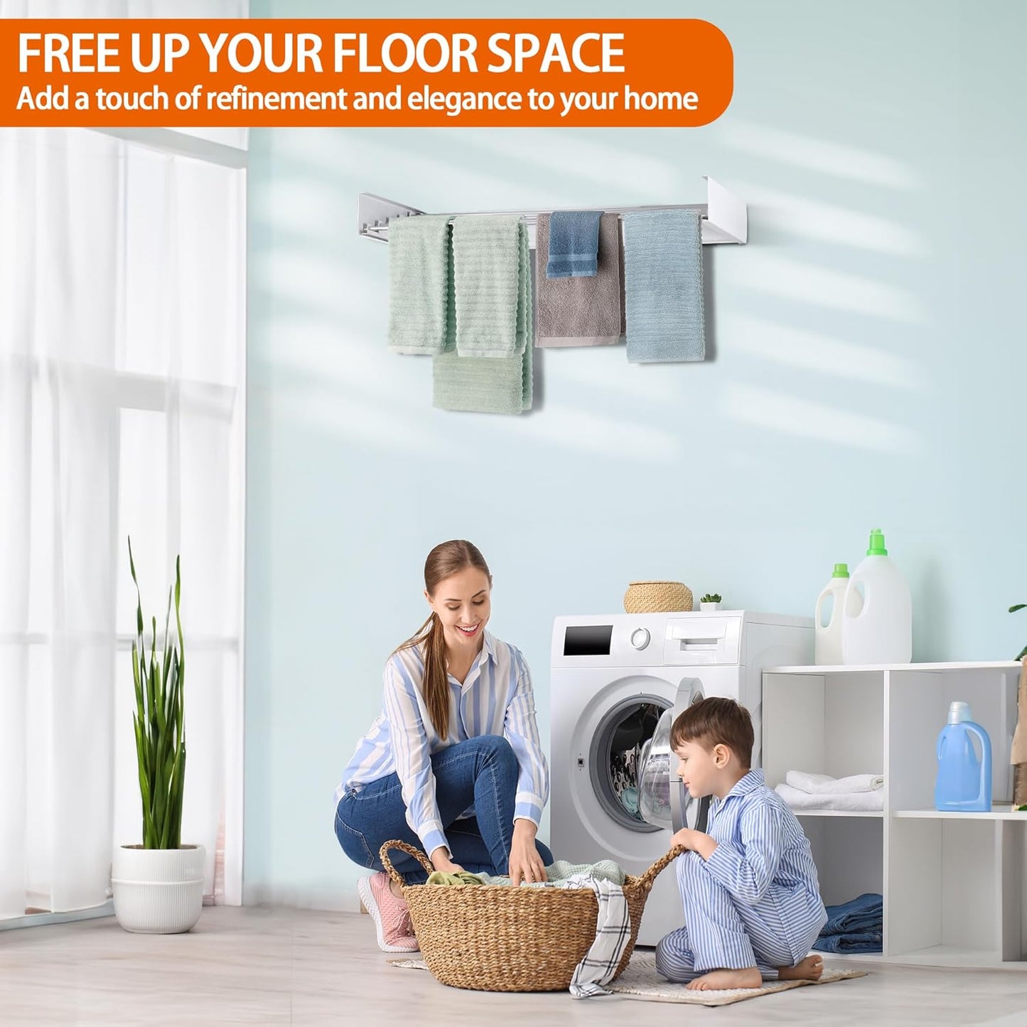 FOCHIER F Laundry Drying Rack Wall Mounted Clothes Drying Rack Collapsible with 5 Aluminum Rods and Drilling Template Long Screwdriver Bit 60 lbs Capacity (White, 31.5")