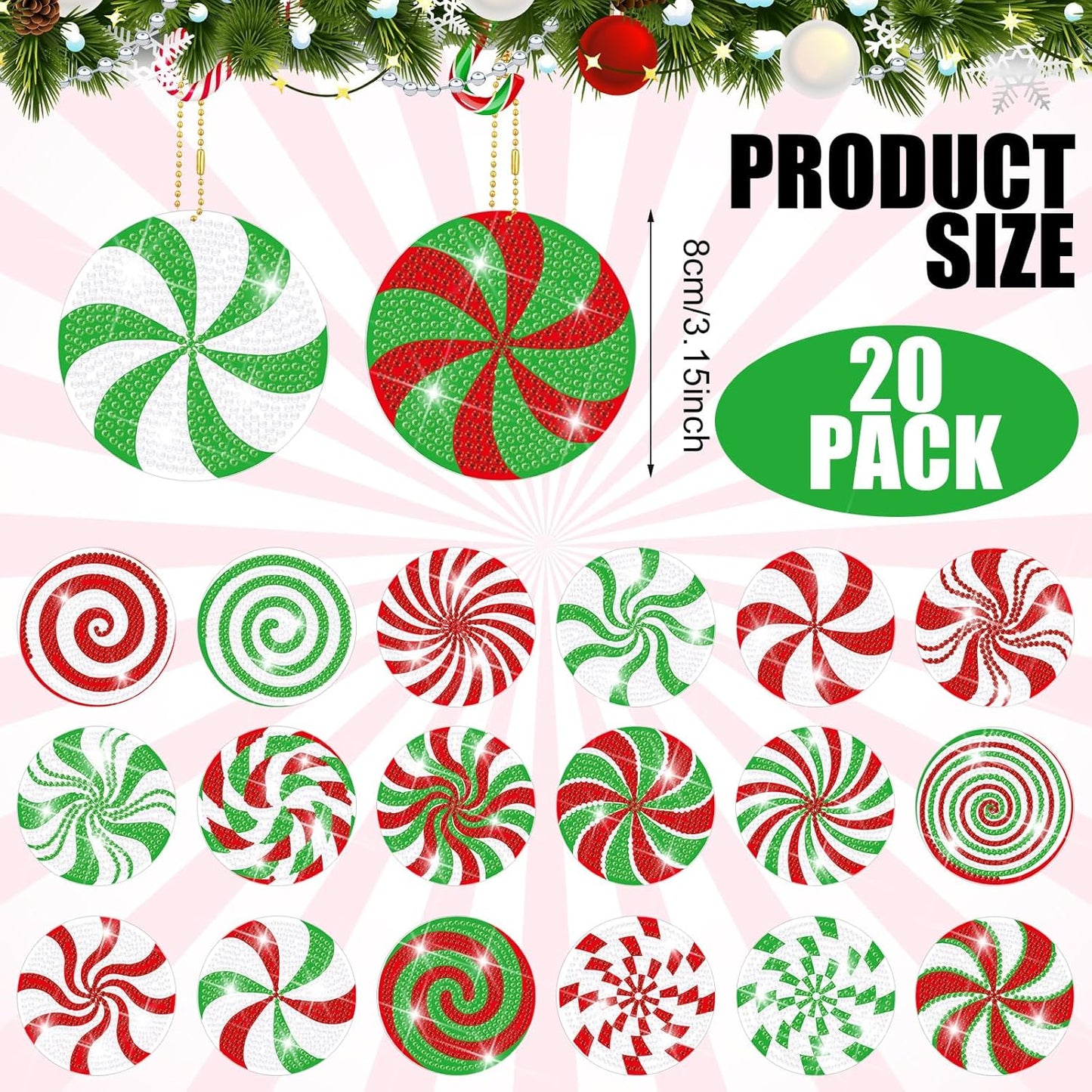 Tondiamo 20 Pcs Christmas Diamond Painting Keychain Kits 5D DIY Diamond Art Pendants Double Sided Hanging Key Chains for Christmas Party Decoration DIY(Cute Candy Cane Style)