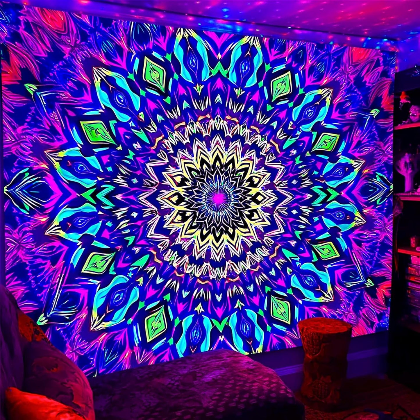 Blacklight Mandala Tapestry for Bedroom, Large Black Light Posters for Adults and Teens, Colorful UV Reactive Aesthetic Bohemian Wall Art Decor (80 x 60 Inches)