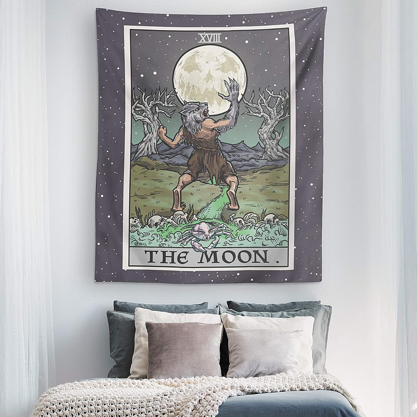 The Moon Tarot Card Tapestry - Werewolf - Gothic Halloween Home Decor Wall Hanging (80" x 68")