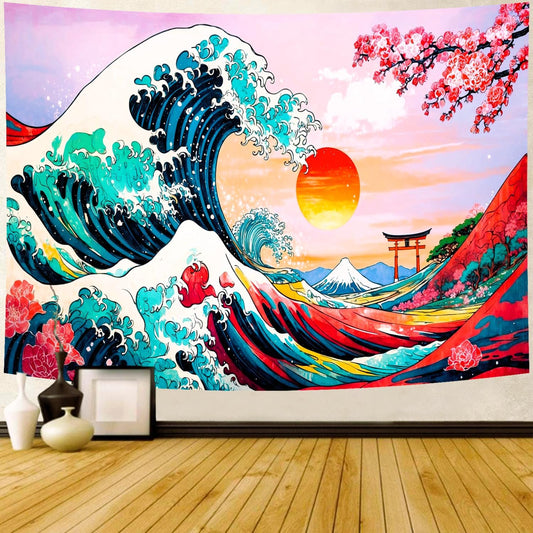 Delur Great Wave Tapestry Japanese Sunset Ocean Sea Wave Off Kanagawa Tapestry Wall Hanging Vintage Asian Anime Cherry Blossom Nature Headboard for Bedroom Living Room Home Decor (51.2" x 59.1")