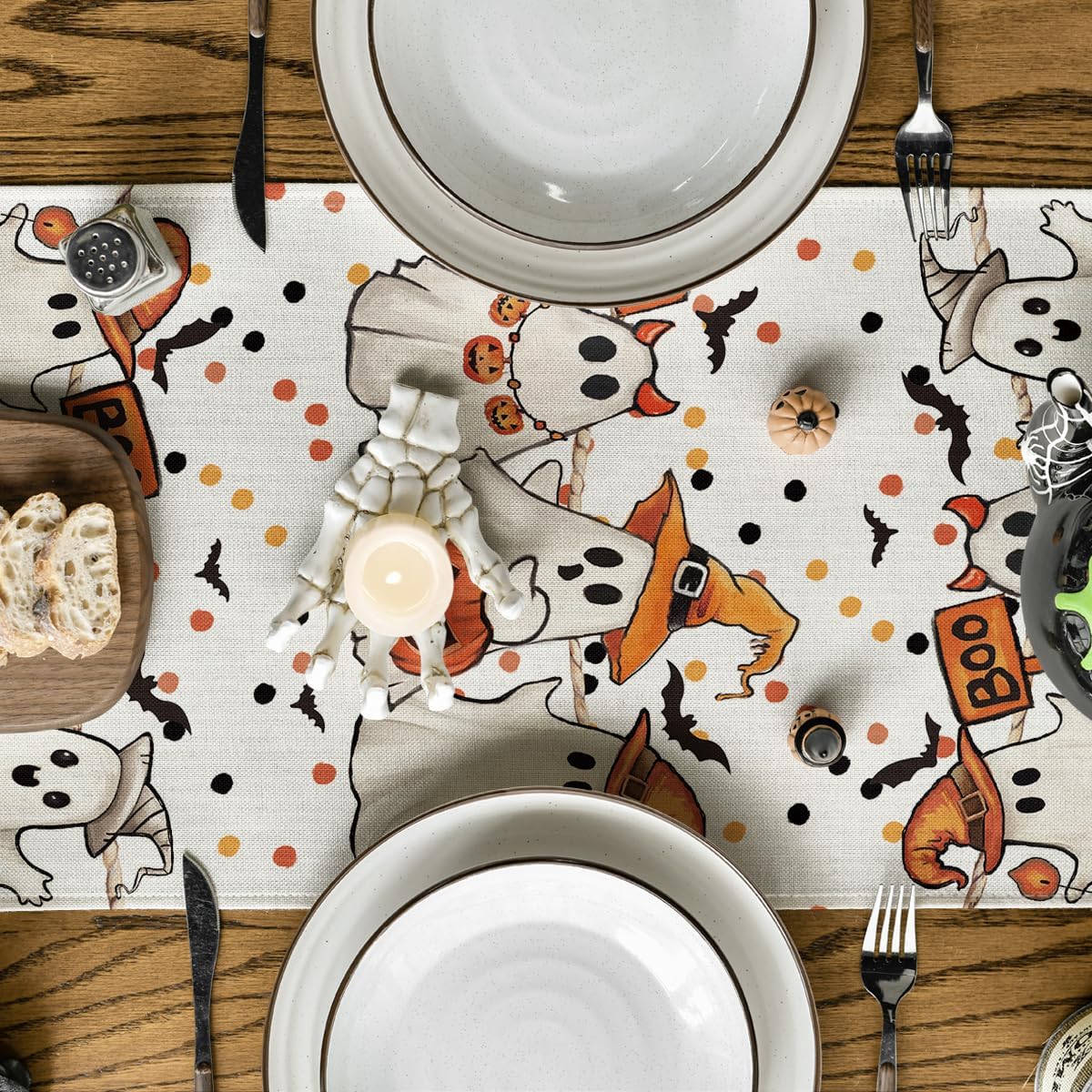 Artoid Mode Beige Ghost Jack-O'-Lantern Black Cat Halloween Table Runner,Holiday Kitchen Dining Table Decoration for Home Party Decor 13 x 48 Inch