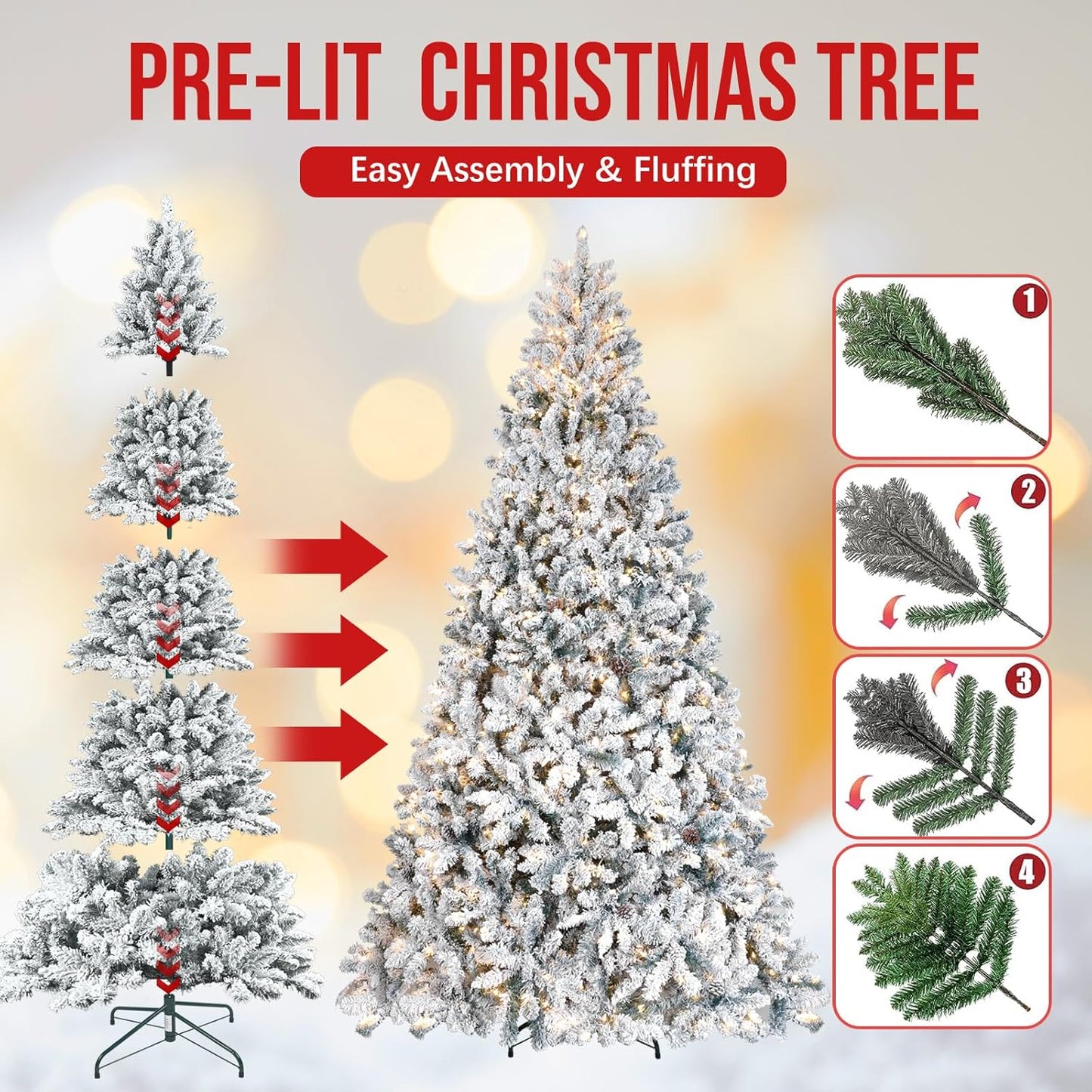 7ft Prelit Flocked Christmas Tree, Frosted Artificial Christmas Tree with 500UL Lights, Pine Cones & 1124 Tips, Auto Hinged Easy Setup Full Prelighted Fake Christmas Tree