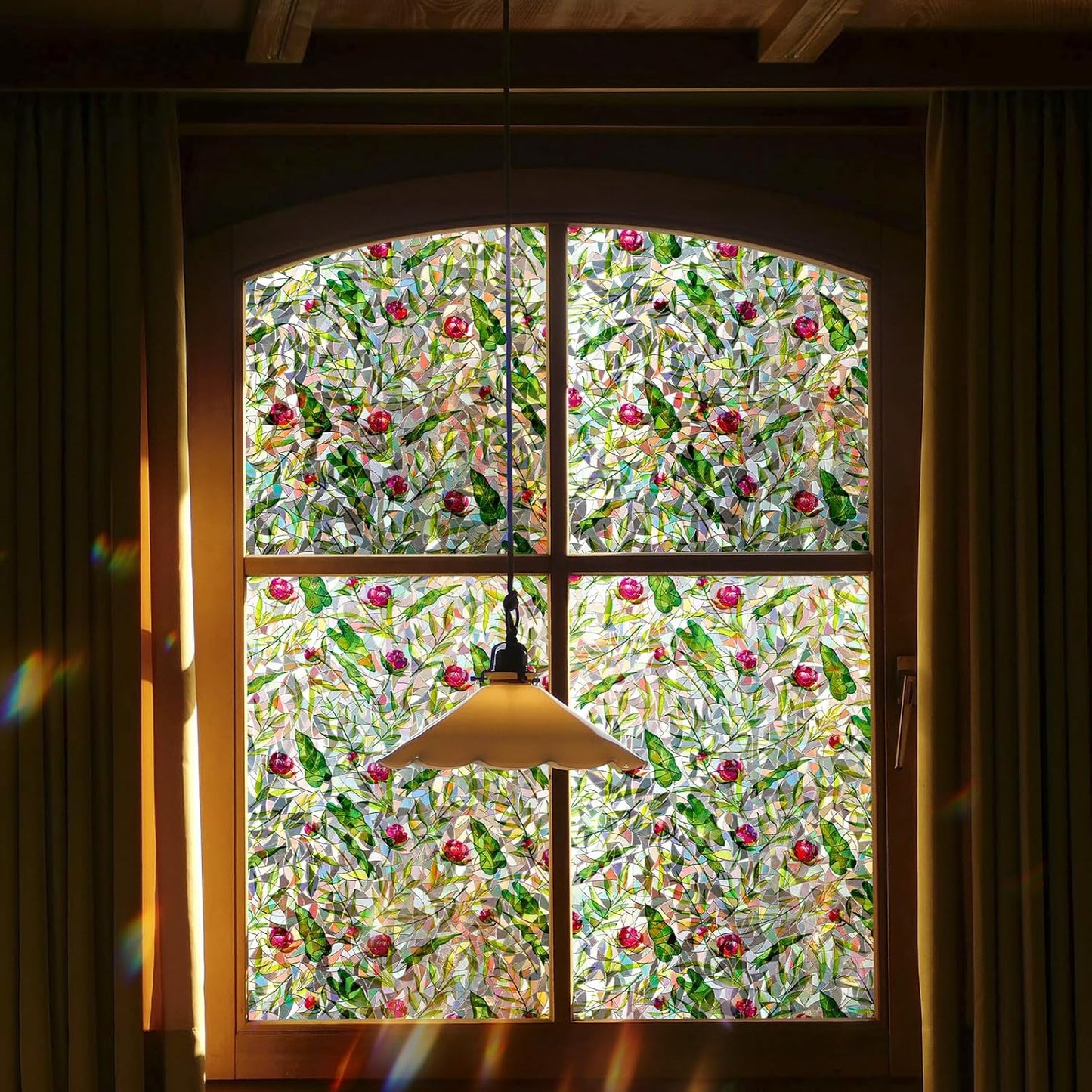 Rainbow Window Privacy Film 3D Floral Decorative Stained Glass Window Film Anti UV Non-Adhesive Reusable 17.5" x 157.4" for Home Room Car Glass Cling