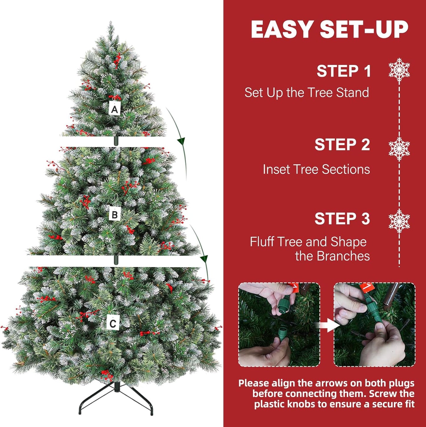 Hykolity 7.5 ft Prelit Artificial Christmas Tree, Partially Frosted Christmas Pine Tree with Red Berries, 350 Warm White Lights, 1372 PVC Branch Tips, Metal Stand and Hinged Branches