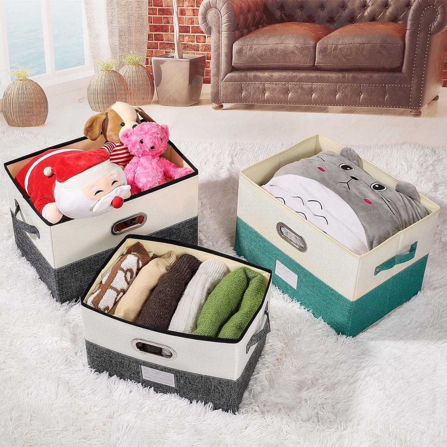 Large Linen Fabric Foldable Storage Bins with Removable Lid and Handles, Washable Storage Box Organizer Containers Baskets Cube with Cover for Bedroom,Closet,Office (Turquoise&Cream, Large)