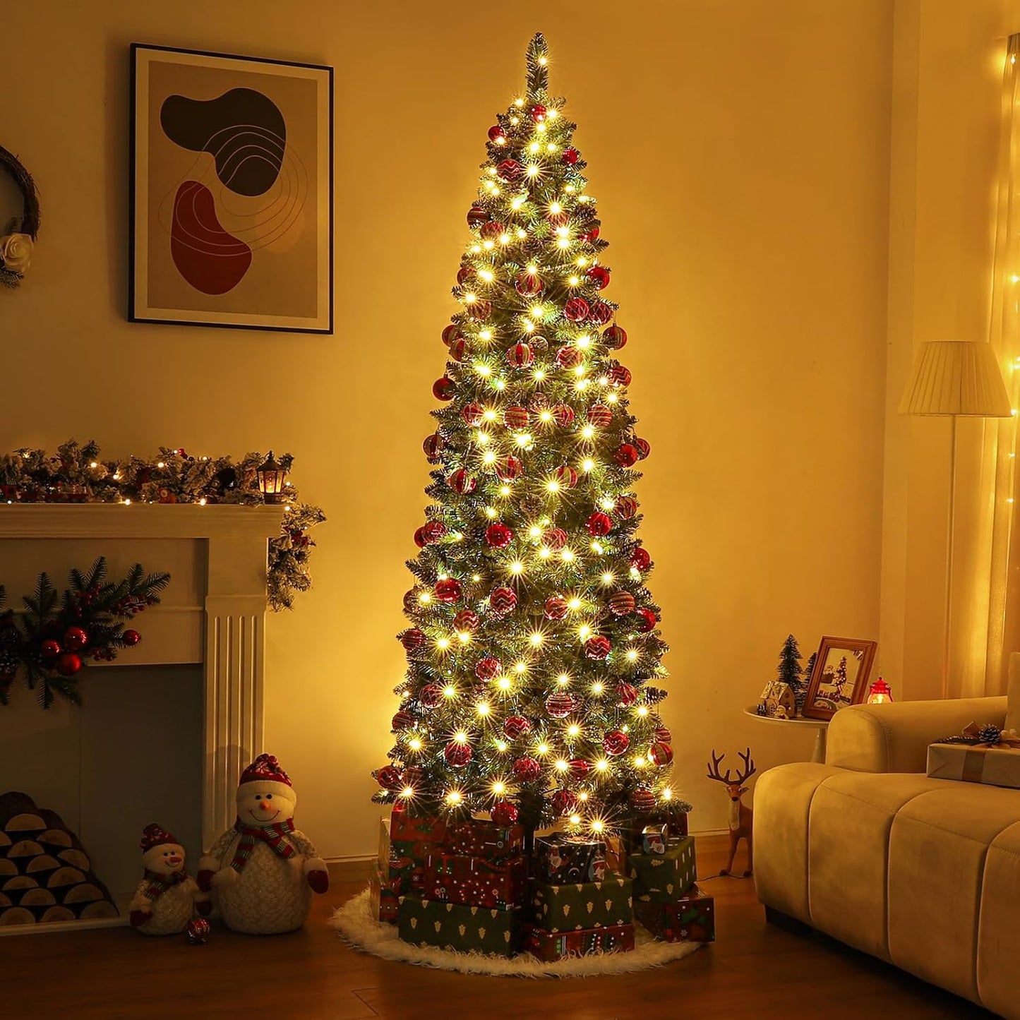 Homde Pencil Christmas Tree 6 Foot Pre-Lit Artificial Christmas Tree with Flocked Snow Pine Cone 160 Warm White Lights Holiday Decor