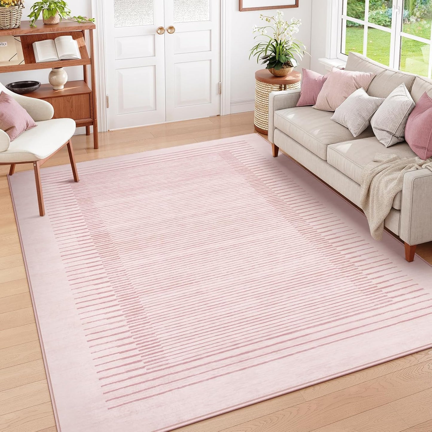 Wonnitar Washable Pink Striped Rug for Bedroom 8x10, Non-Slip Living Room Area Rug, Minimalist Berber Stripe Area Rug, Soft Floor Carpet for Nursery Playroom Closet (Pink, 8' x 10')