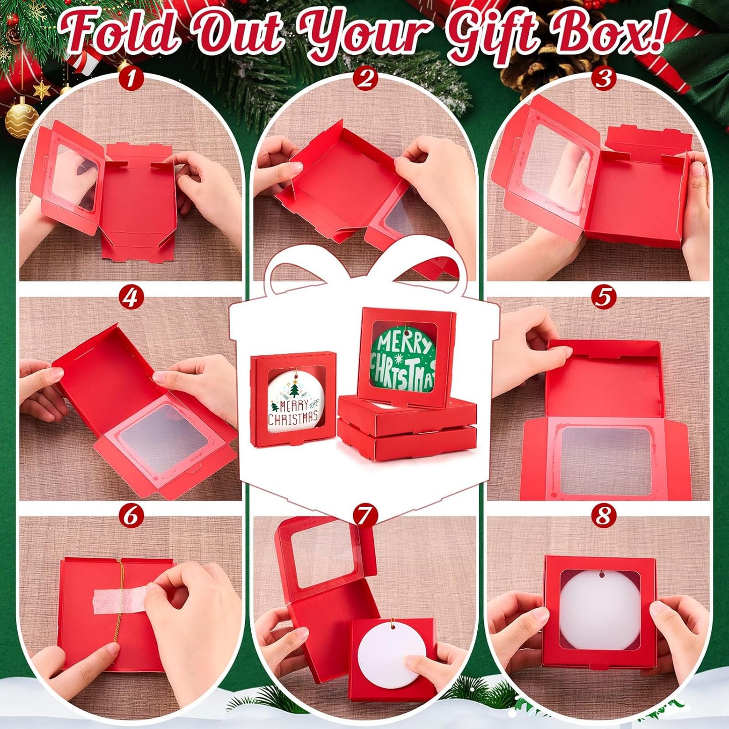 25 Pcs Sublimation Ornament Blanks Box 3.6"x3.6"x0.7" Christmas Ornaments Holder Ceramic Discs Packaging Box with Window for Personalized Xmas Tree Blanks Bulk (Red)
