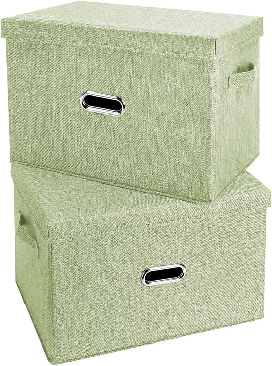 Large Linen Fabric Foldable Storage Bins with Removable Lid and Handles, Washable Storage Box Organizer Containers Baskets Cube with Cover for Bedroom,Office (Green, Small(2-Pack))