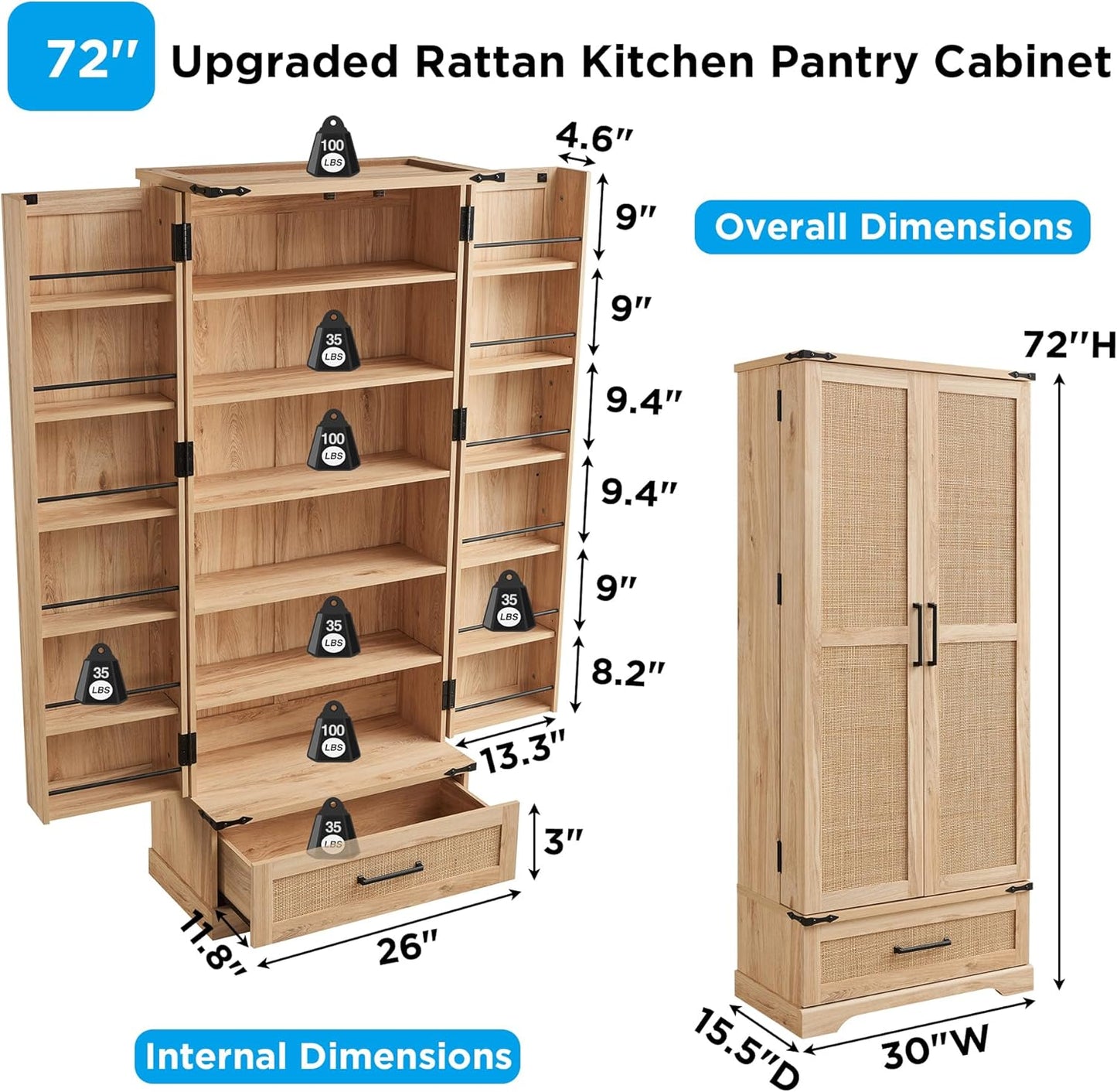 72" Tall Rattan Kitchen Pantry Cabinet with Drawer, Boho Storage Cabinet with 2 Rattan Doors and Shelves, Versatile Large Cabinet for Dining Room, Bathroom, Living Room, Laudry, Natural Oak