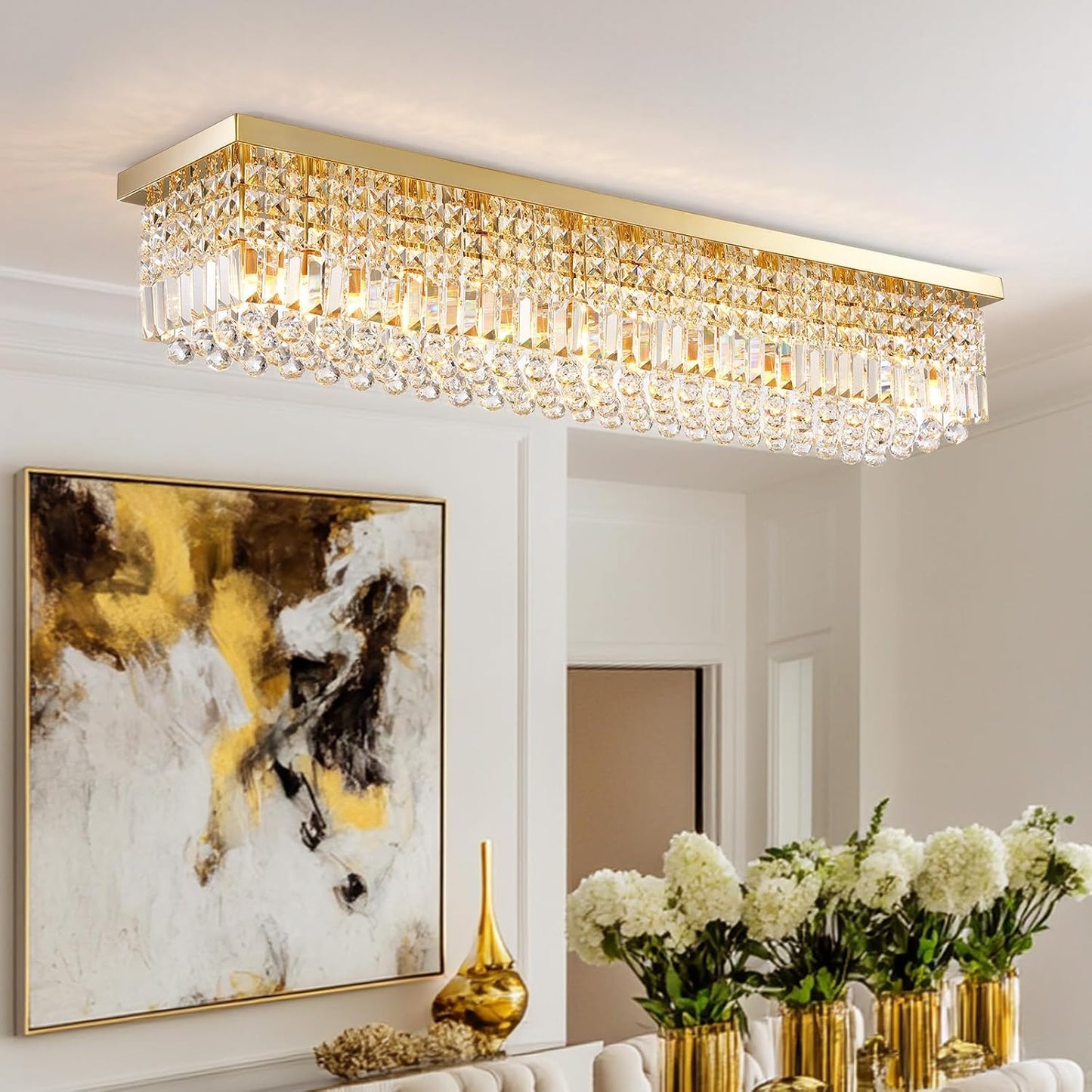 10 Lights Gold Flush Mount Rectangle Chandelier, Modern K9 Crystal Chandeliers Light Fixture Rectangular Raindrop Chandelier Pendant Island Light for Living Dining Room Kitchen Bar L47 Inch