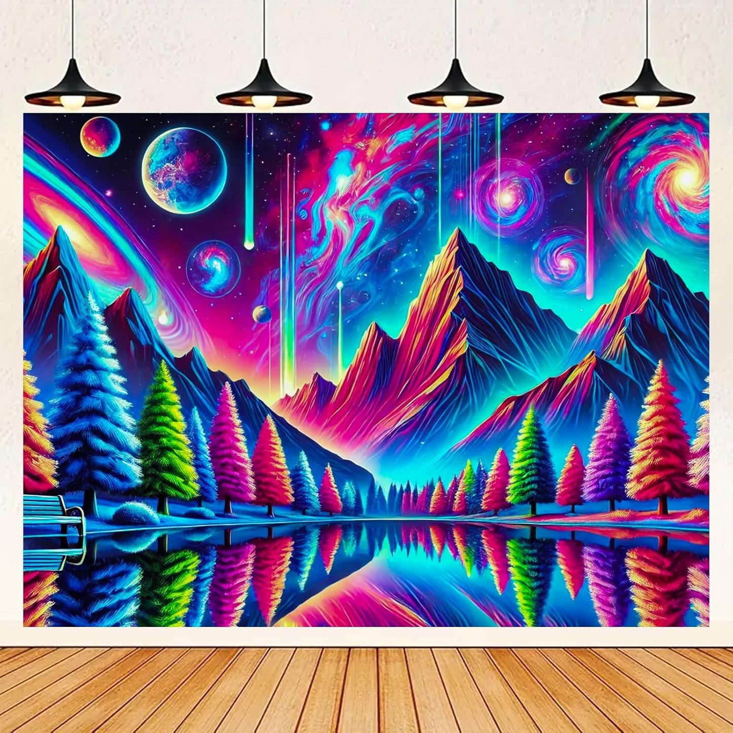 BlissYard Alien Galaxy Reflection UV Black Light Tapestry 78x59 Inches Art Color Neon Light Background Bedroom Living Room Wall Party Decoration Trippy Cosmic Trees Planet Lake Mountain View