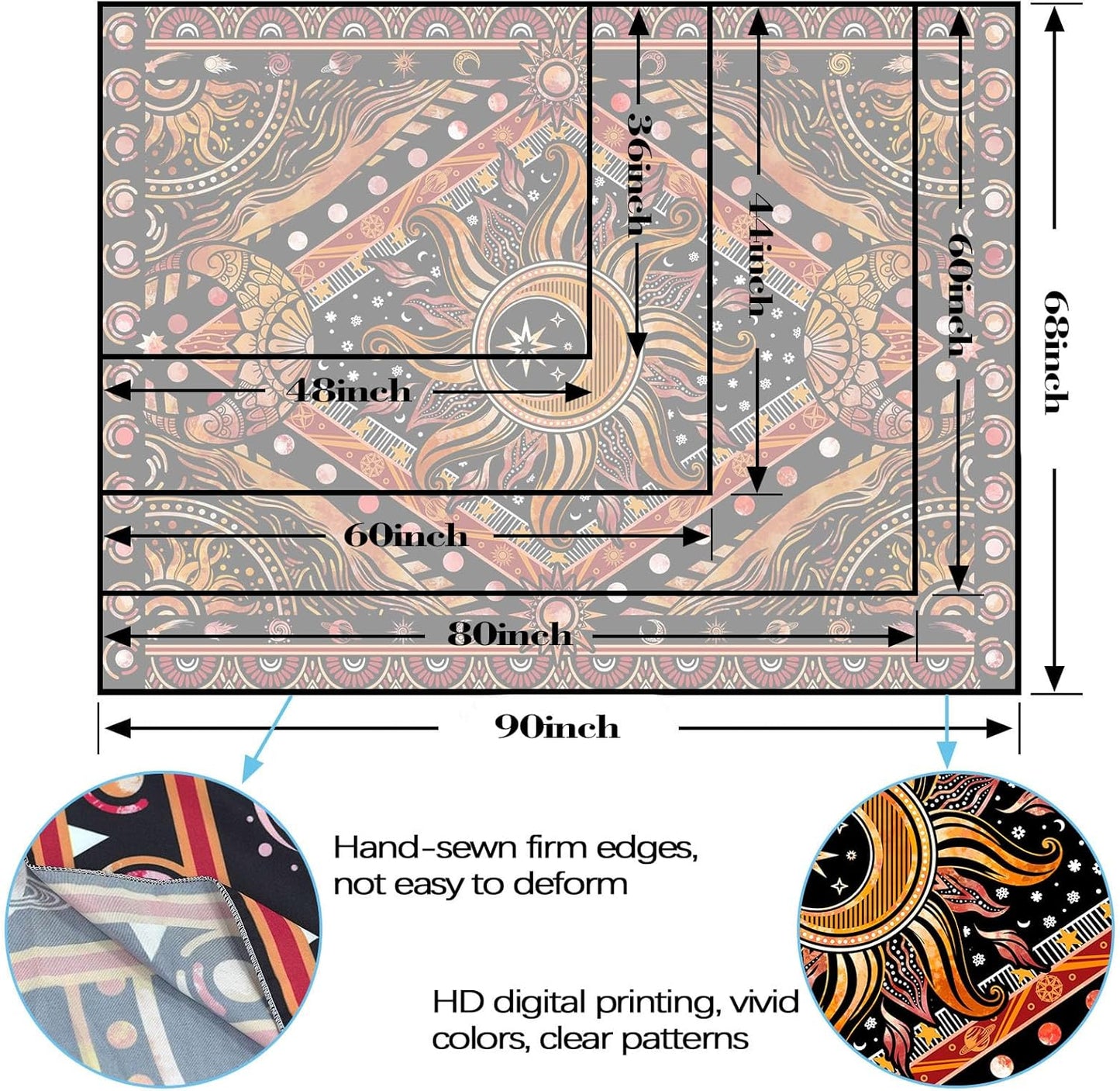 Lunerfex Hippie Sun and Moon Tapestry Bohemian Celestial Tapestry Aesthetic Tapestries for Bedroom and Living Room Decor Sun and Moon 70×90 Inches