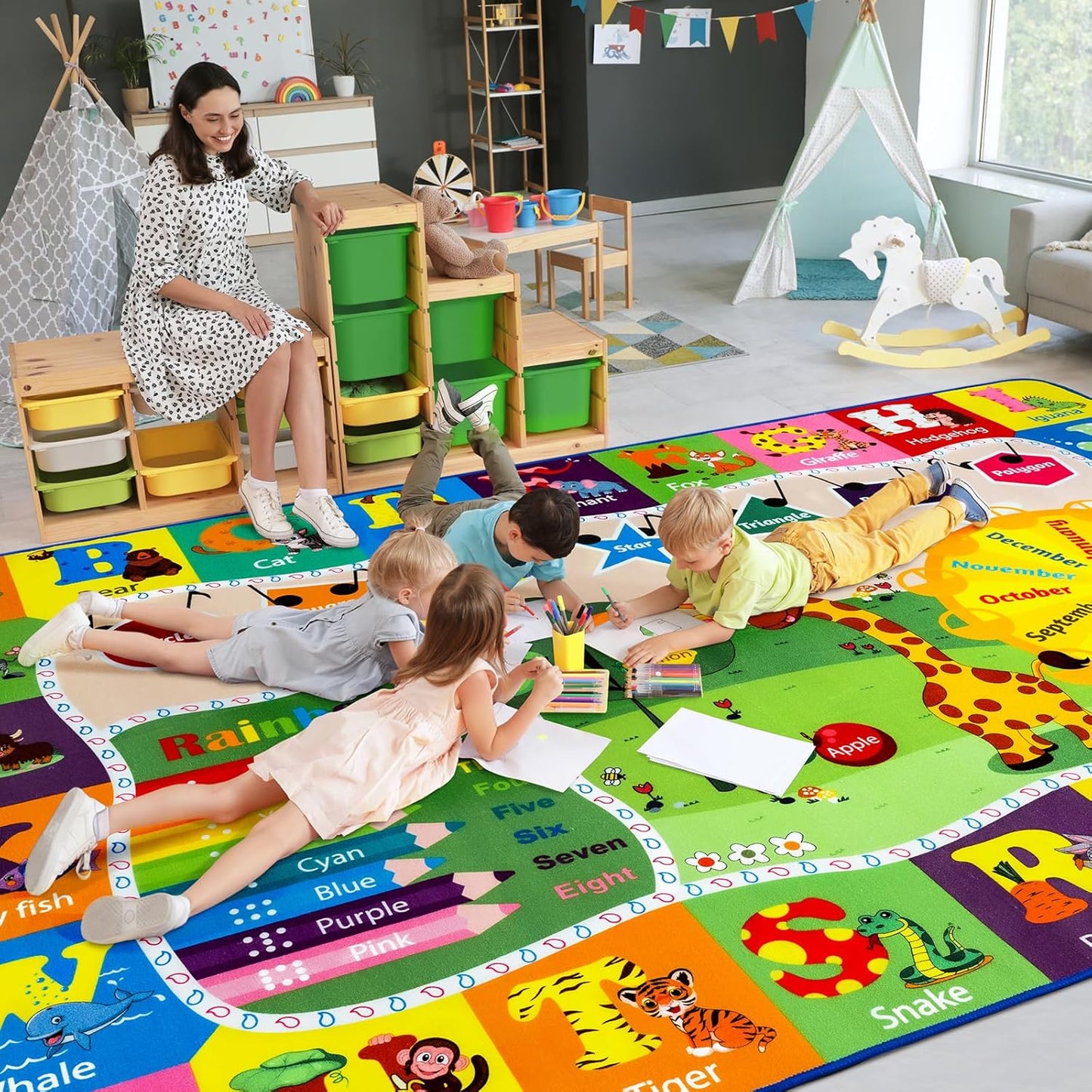 9x12 Washable Area Rug, Educational and Fun Kids Rug for Classroom Playroom Living Room Bedroom, Learning and Safe Playmat with ABC Alphabet Animals,Baby Toddler Children Play Mat