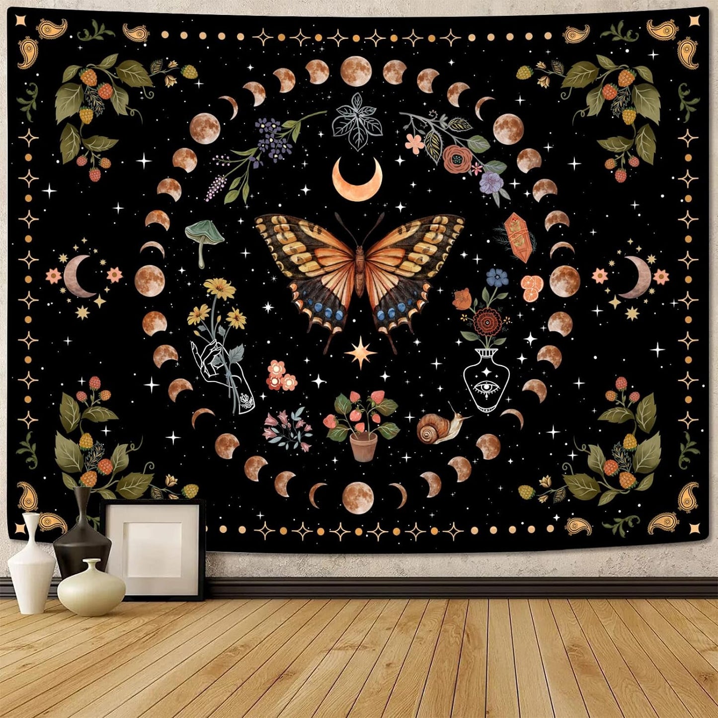 Aipon Yellow Butterfly Moon Flower Tapestry Botanical Floral Plant Boho Tapestry for Bedroom Aesthetic Vintage Tapestries Wall Hanging for Living Room Dorm (44.00'' × 60.00'', Yellow)