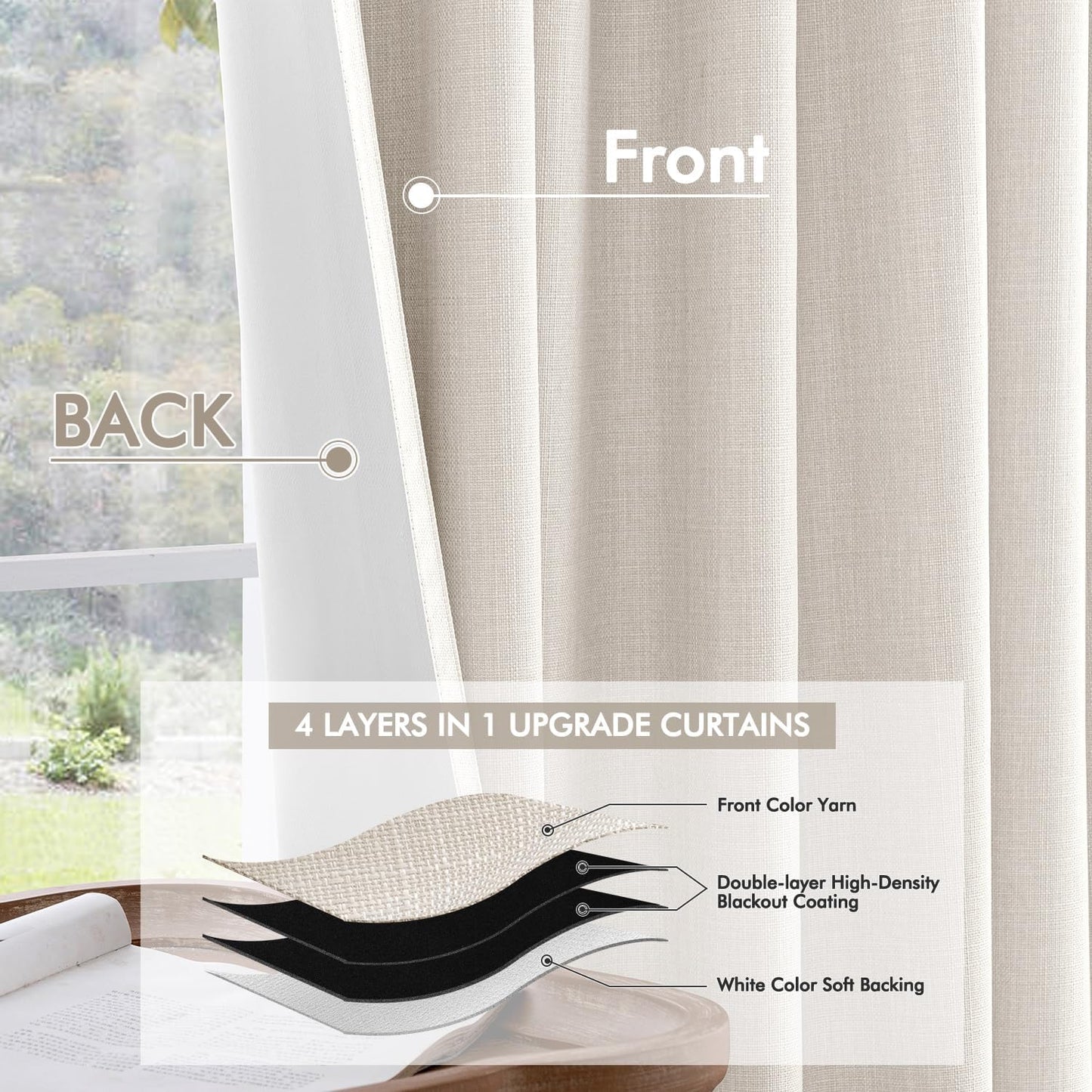 MIULEE 100% Blackout Curtains 102 Inch Long 2 Panels for Bedroom, Thick Luxury Faux Linen Black Out Curtain Room Darkening Back Tab Pleat Window Textured Drapes with Hooks for Living Room, Ivory